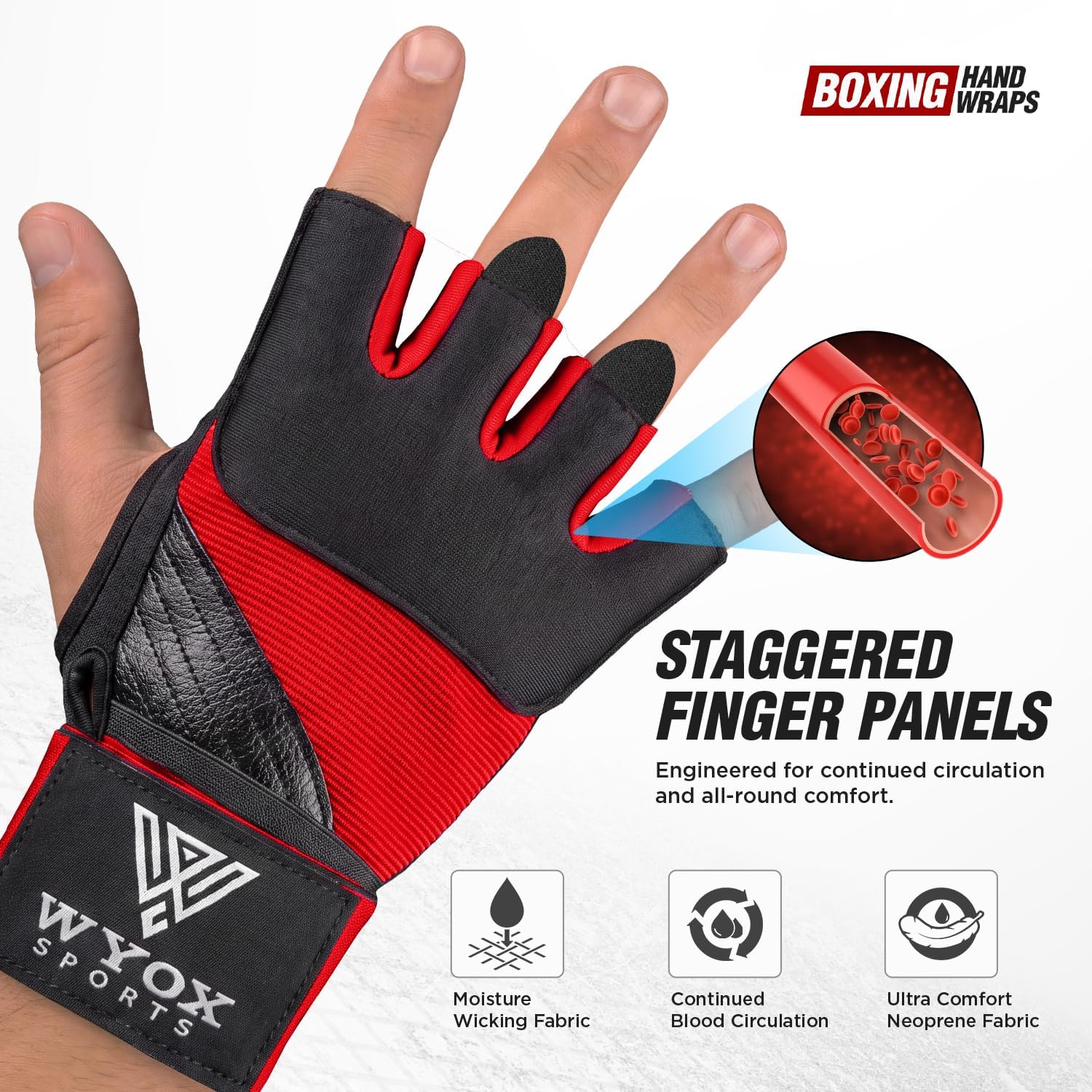 WYOX Neoprene Gel Boxing Hand Wraps Inner Gloves for Men & Women – 80cm/31in Quick Wrist Strap, Padded Knuckle Protection