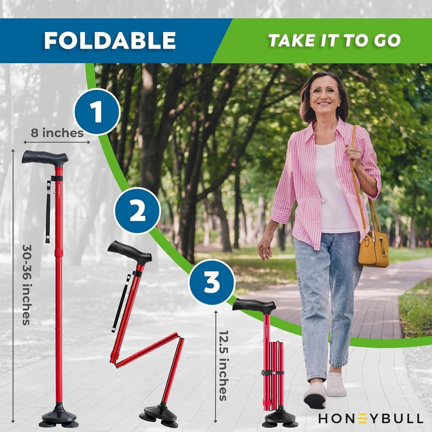 HONEYBULL Walking Cane for Men & Women, Foldable Free Standing Cane | Adjustable height, collapsible design, heavy-duty, pivot base for stable support, ergonomic handle