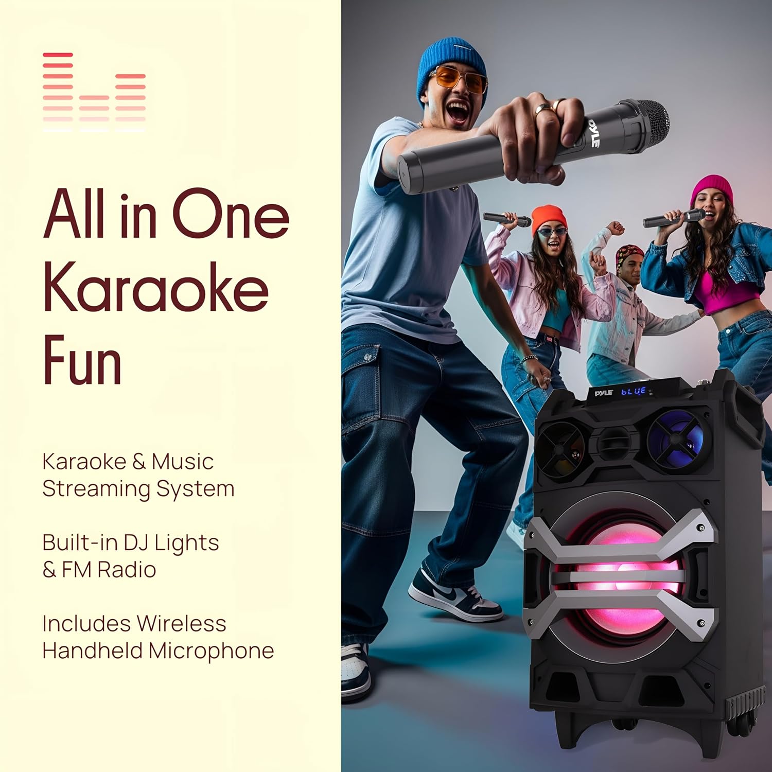 Pyle 500 Watt Portable BT Connectivity Karaoke Speaker System - PA Stereo with 8" Subwoofer, DJ Lights Rechargeable Battery Microphone