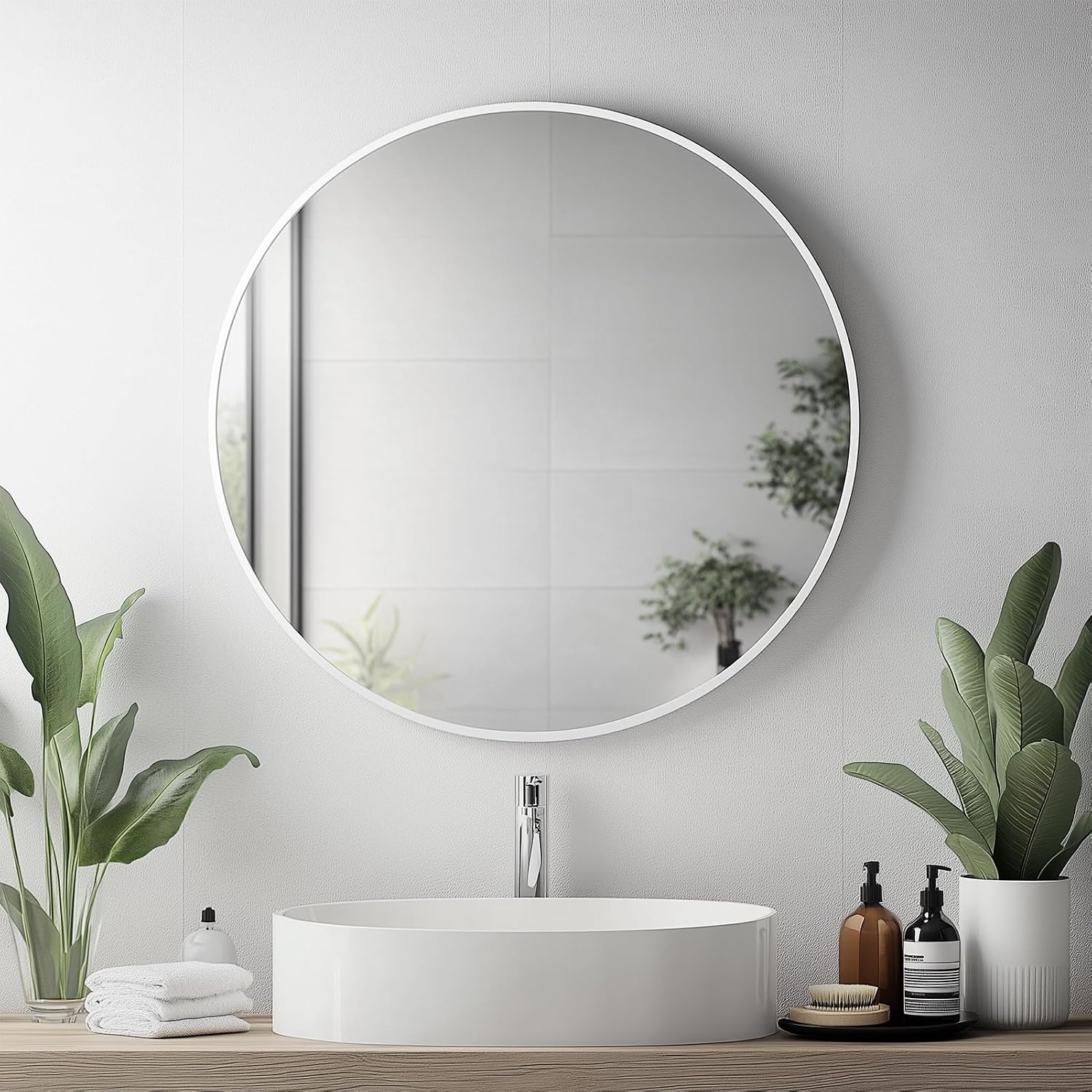 Growsun Black Round Mirror 24 inch, Wall Mounted Circle Mirror, Metal Framed Mirror for Bathroom Vanity, Bedroom Home Decor Mirros