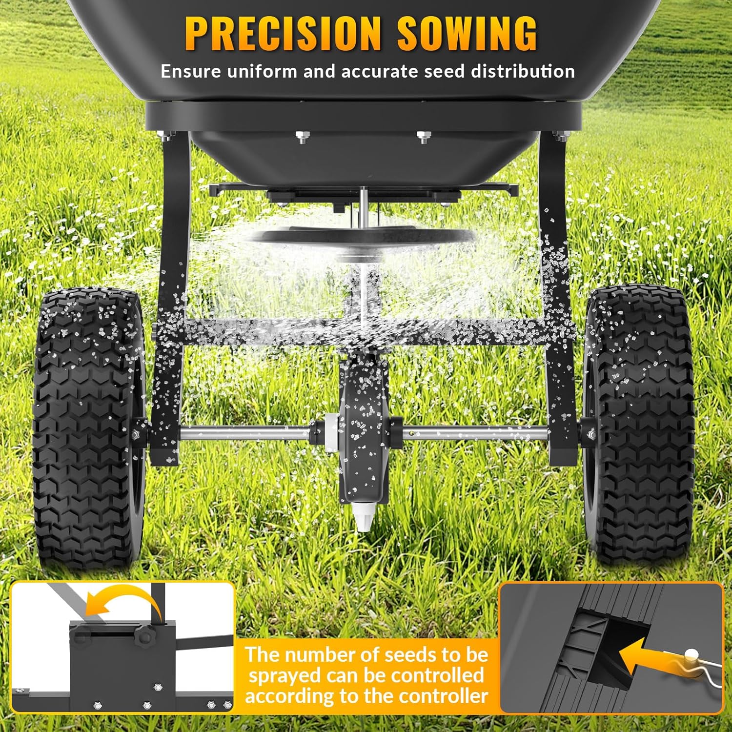 Tow Behind Broadcast Spreader, 200 LB Capacity, Fertilizer Spreader Holds up to 550 lbs with 13" Pneumatic Tires and Adjustable Flow Control Lever