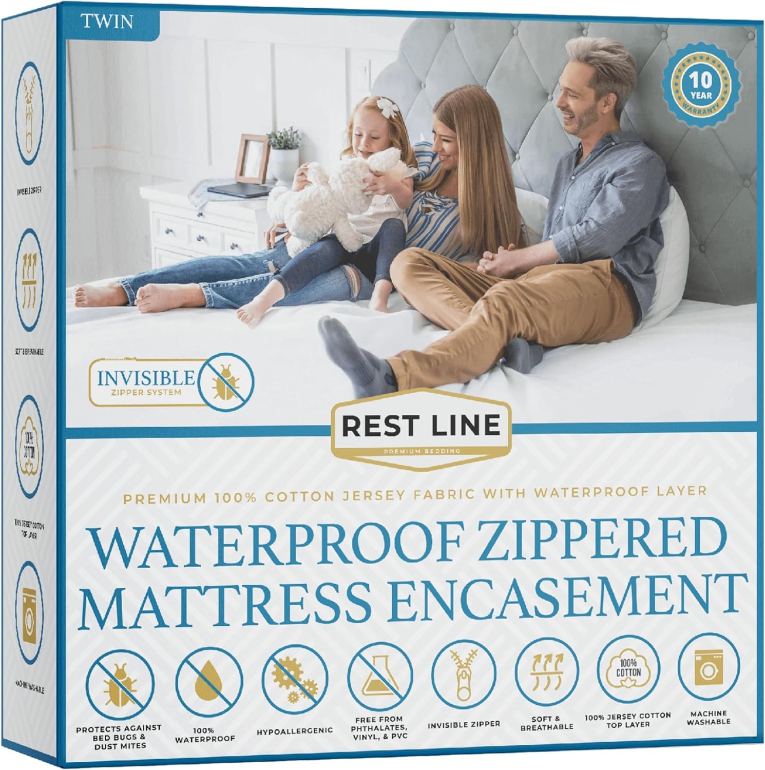 Rest Line - 100% Cotton Waterproof Zippered Mattress Encasement - Queen