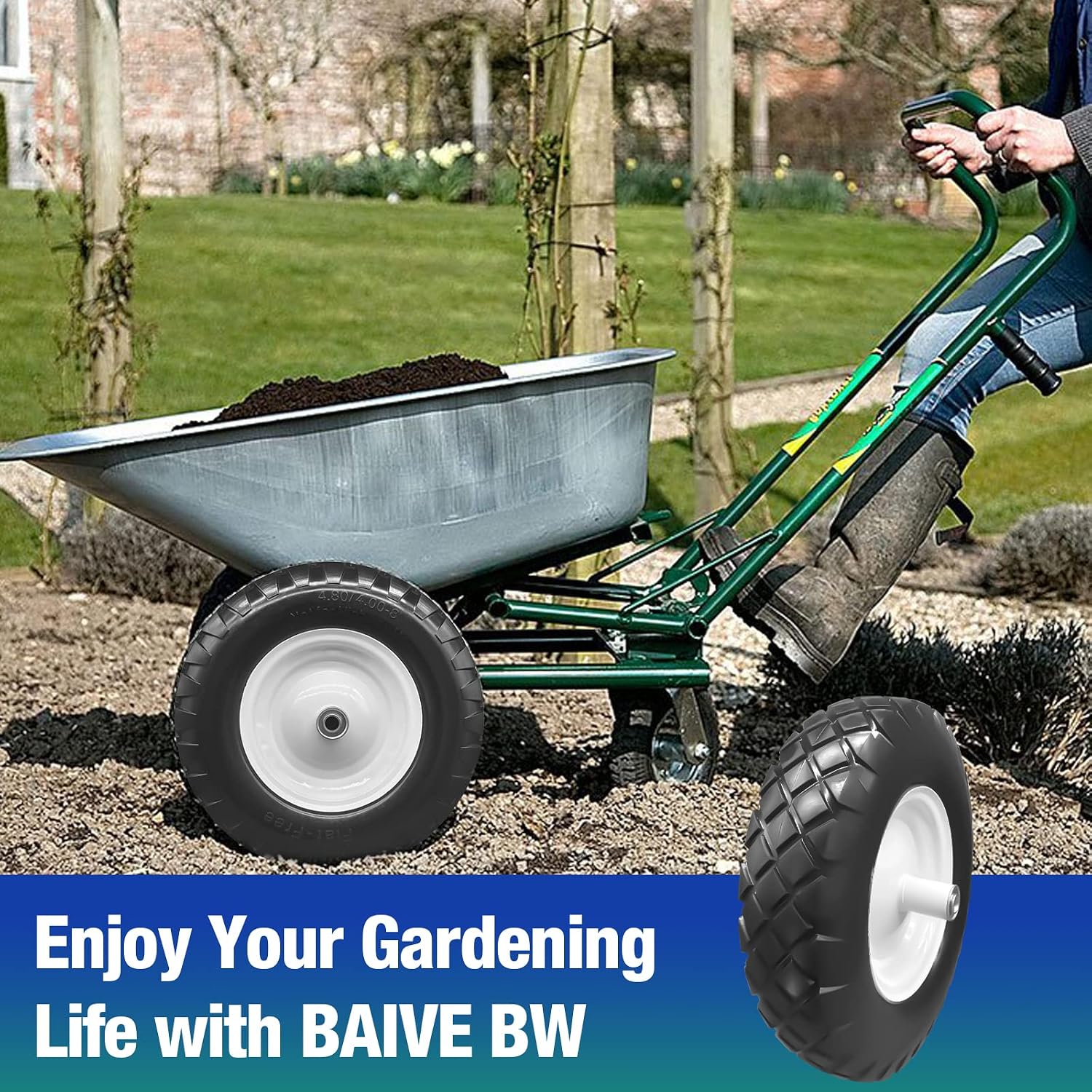 16" 4.80/4.00-8 Flat Free Solid Polyurethane Tire and Wheel with 2Pcs 3/4" Bearing, 1 Pack PU Airless Tires with 5/8" Ball Bearings 6" Iron Hub for Hand Truck/Tool Cart/Garden Carts, 1 Pc