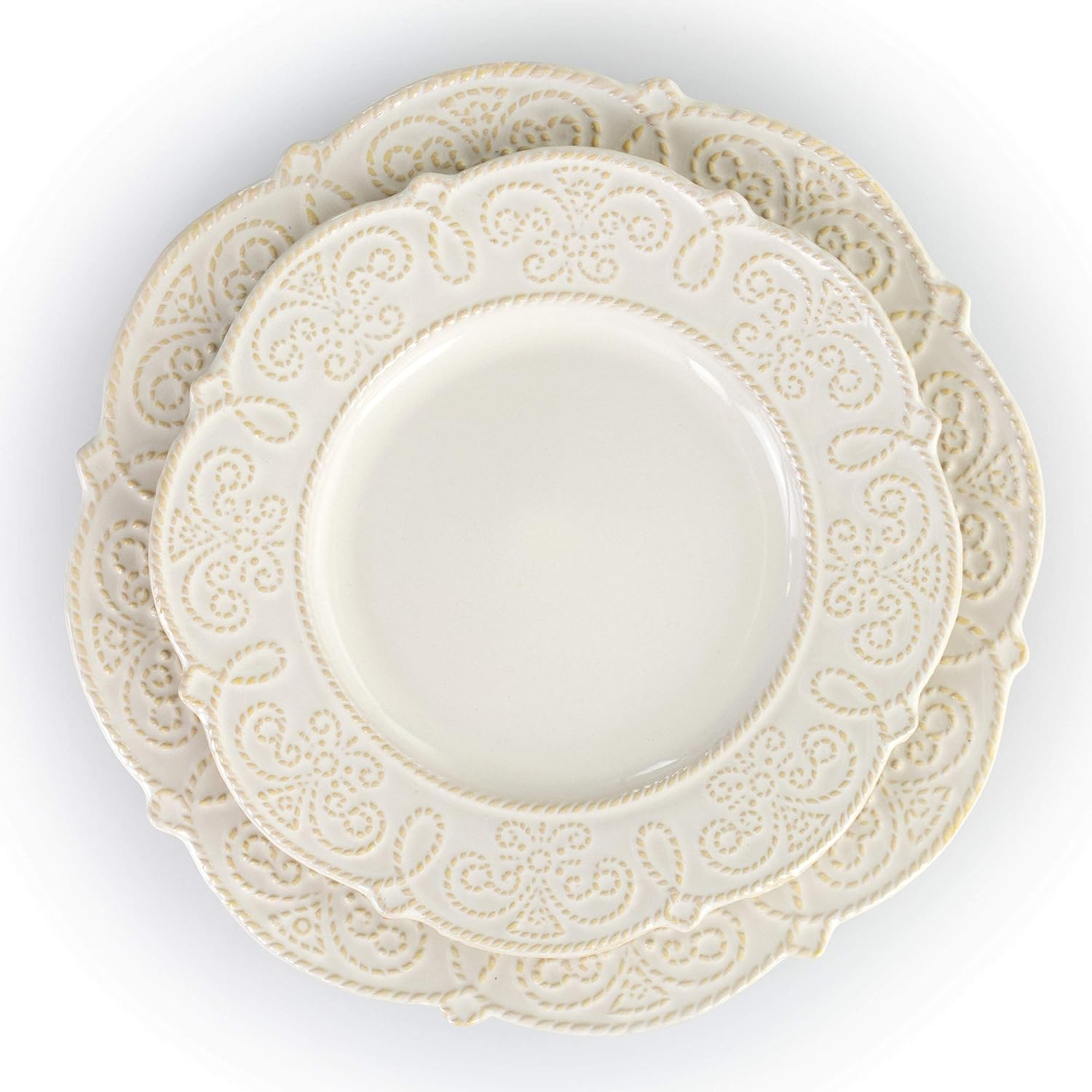 Elama Round Decorated Stoneware Scallop Embossed Dinnerware Dish Set, 16 Piece, Luna
