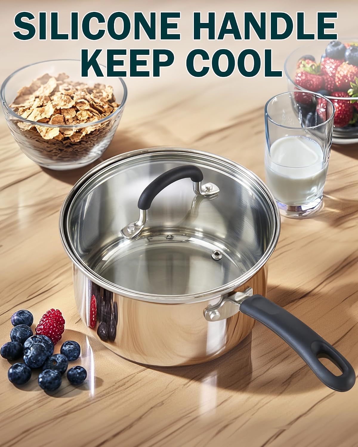 Cook N Home Professional 2 Quart Stainless Steel Saucepan with Lid, Small Kitchen Induction Cooking Sauce Pot Pan, Stay-Cool Silicone Handle, Dishwasher Safe