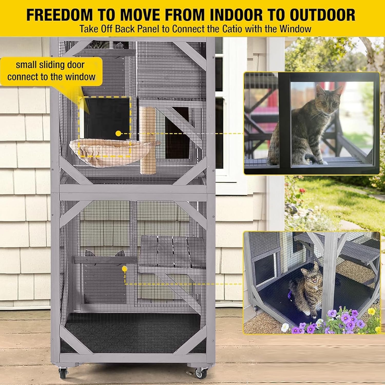 Aivituvin Cat House Outdoor Cat Catio Wooden Large Enclosure with Run on Wheels 70.9" Upgraded Version Catio with Reinforcement Strip