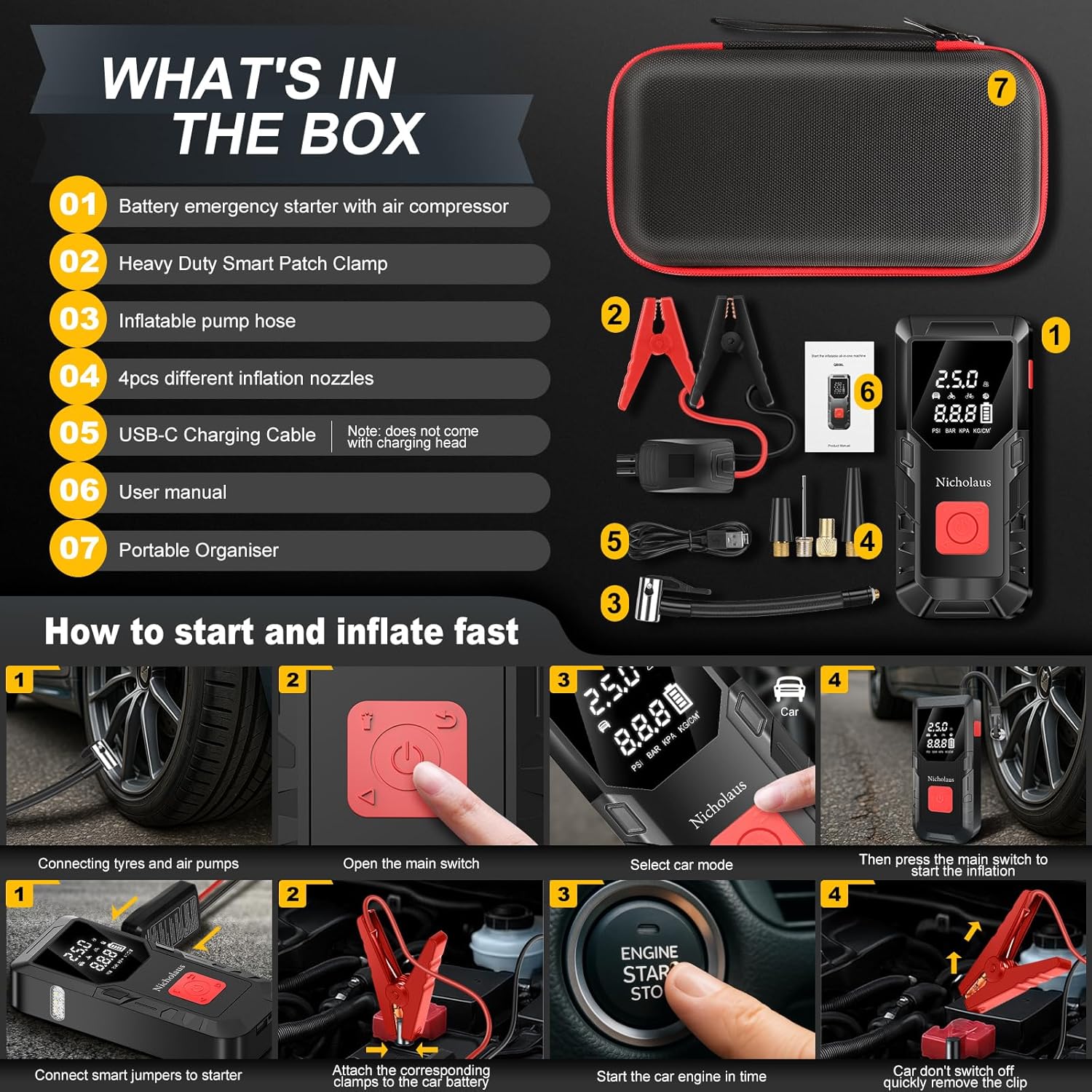 12 V Car 8000 mAh Battery Jump Starter 2800A with 150psI Air Compressor, Compact and Practical Edition QB08L Safe Smart