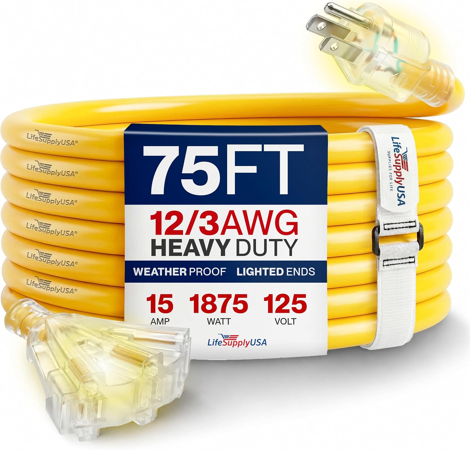 25ft Outdoor/Indoor Extension Cord 3-Outlet 12/3 Gauge Extra Heavy Duty 3 Prong SJTW, Waterproof, Flexible Cold-Resistant Long Power Cord,15A 125V 1875W, Yellow by LifeSupplyUSA