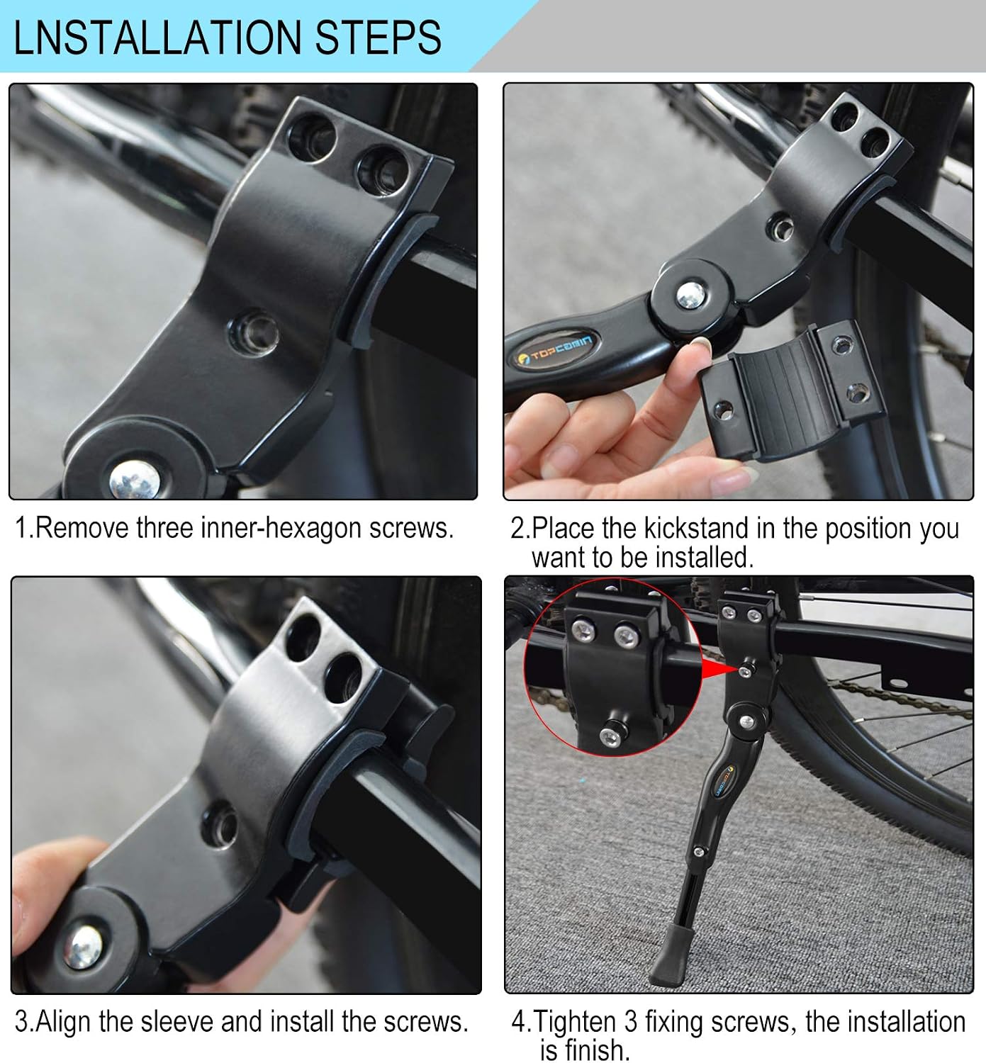 TOPCABIN Bike Kickstand Adjustable Aluminium Alloy Bicycle Kickstand Bike Side Kickstand Fit for 22" 24" 26" 28" Mountain Bike Road cycling/BMX/MTB (Black for 22-24-26-27-28 inch bike)