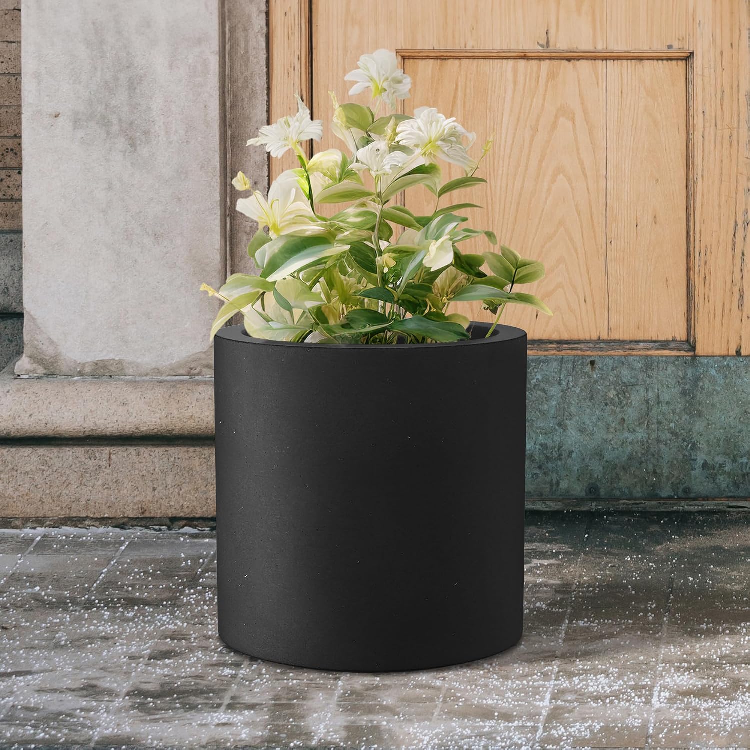 Kante Large Round Cylinder Charcoal Concrete Planter 15.8" Tall, Outdoor