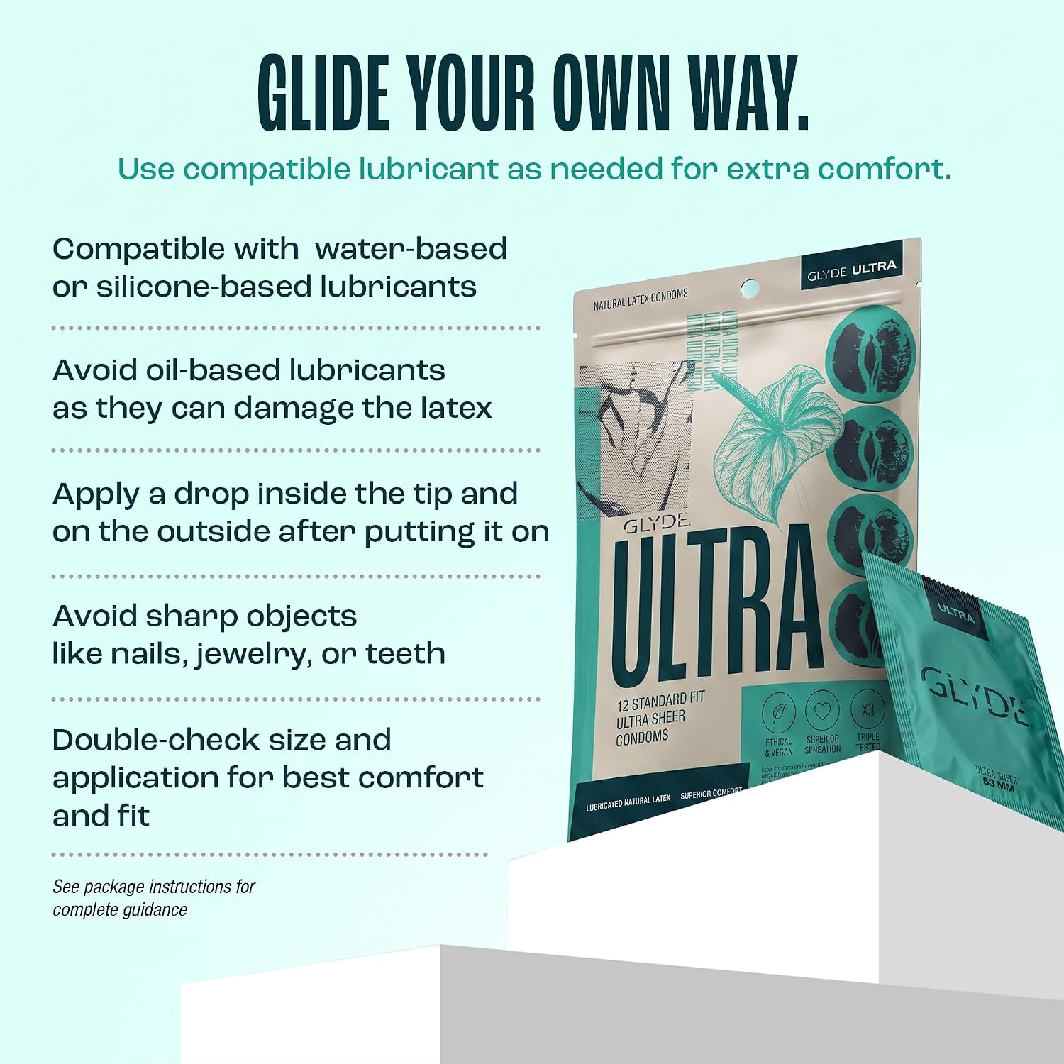 GLYDE Ultra Standard Fit Condoms - Ultra-Thin Medium Size - 12 Count, 53mm | Fragrance-Free, Lightly Lubricated, Body-Friendly, Vegan Formula Condoms, Strong and Secure Fit for Comfort and Natural Feel