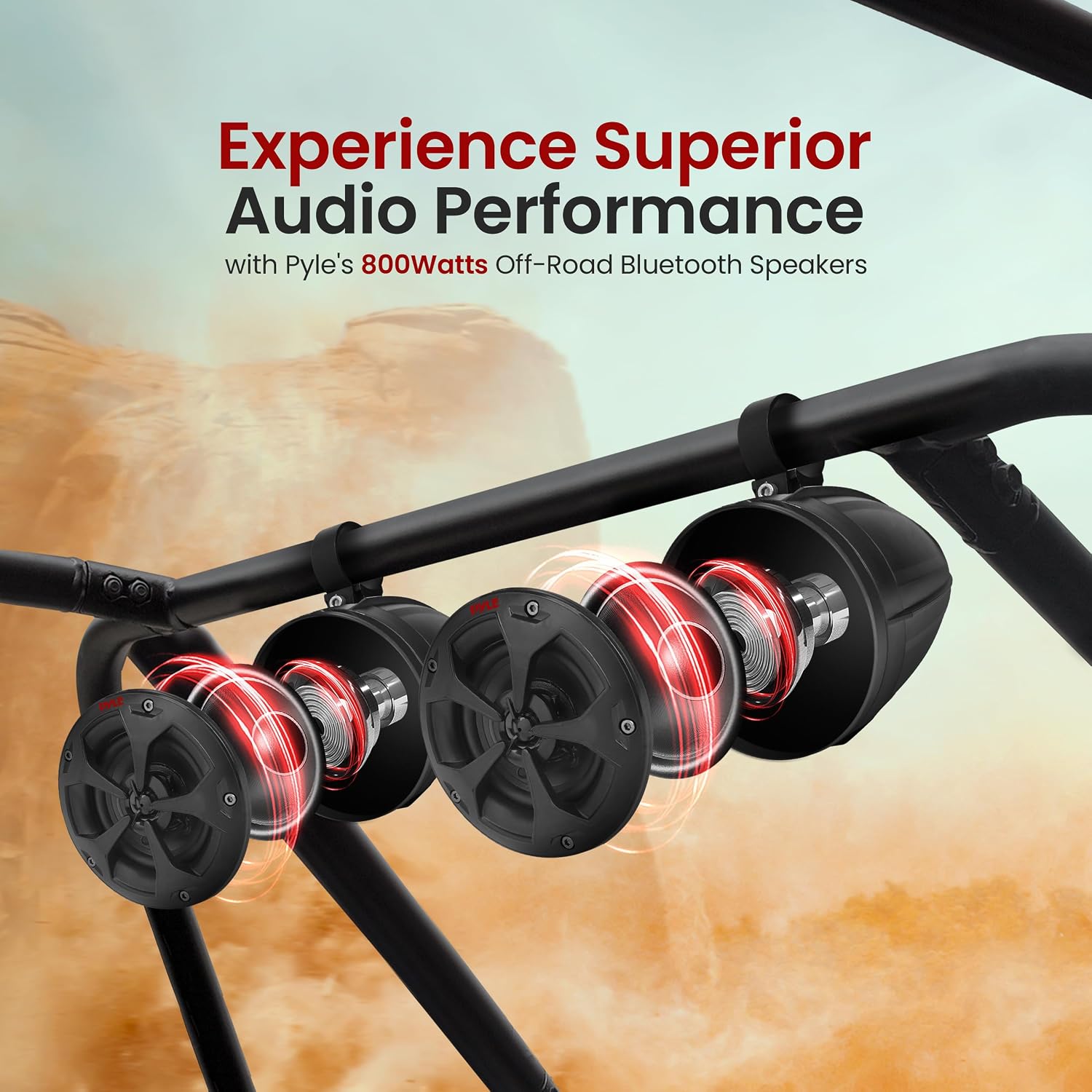 Pyle 4" Off-Road Bluetooth Waterproof Speakers -800W Peak Power Amplified Speaker System for ATV / UTV, Golf Cart, Boat, Aux Input Jack
