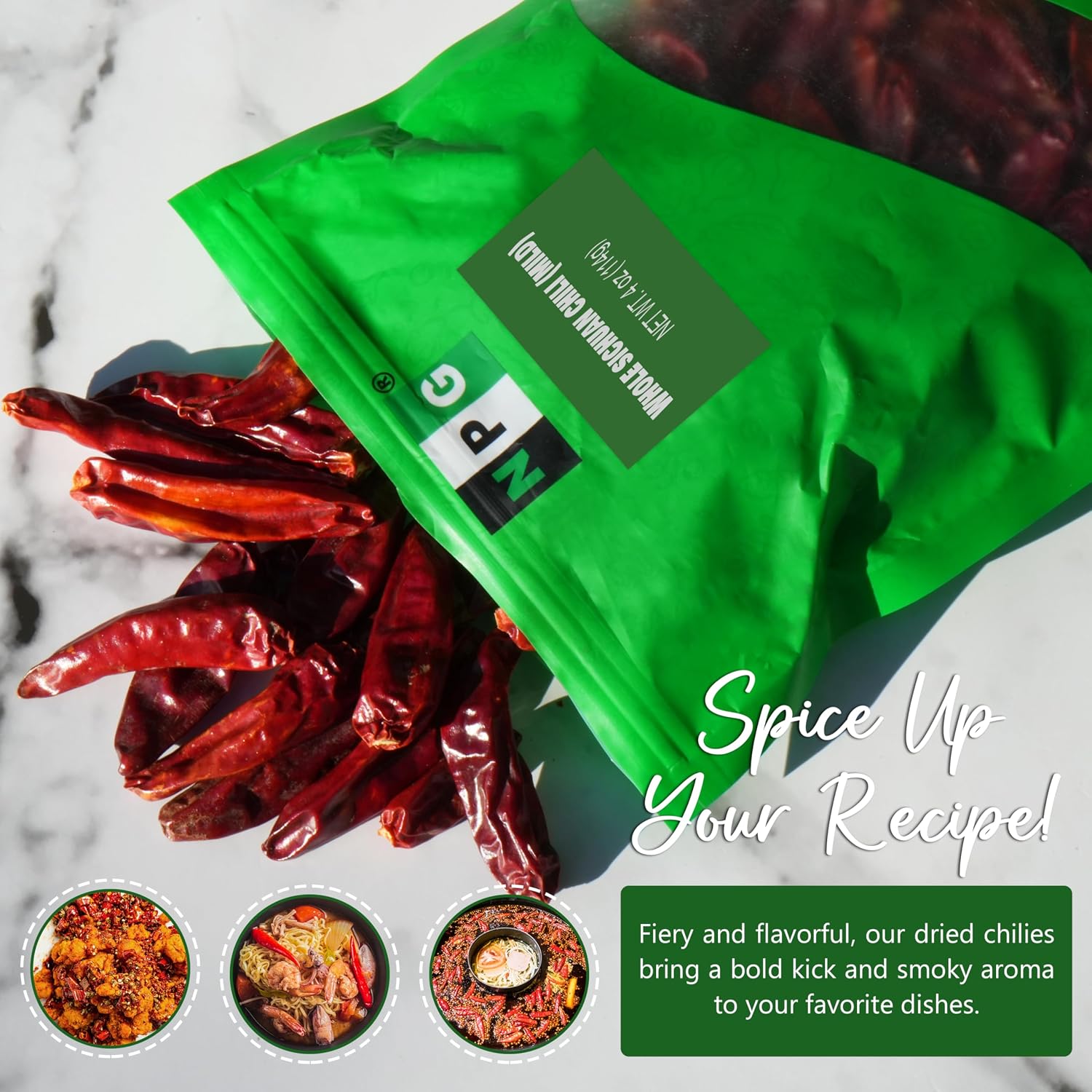 NPG Sichuan Dried Red Chili Peppers 4 Oz, Mild Hot, Whole Chili Peppers