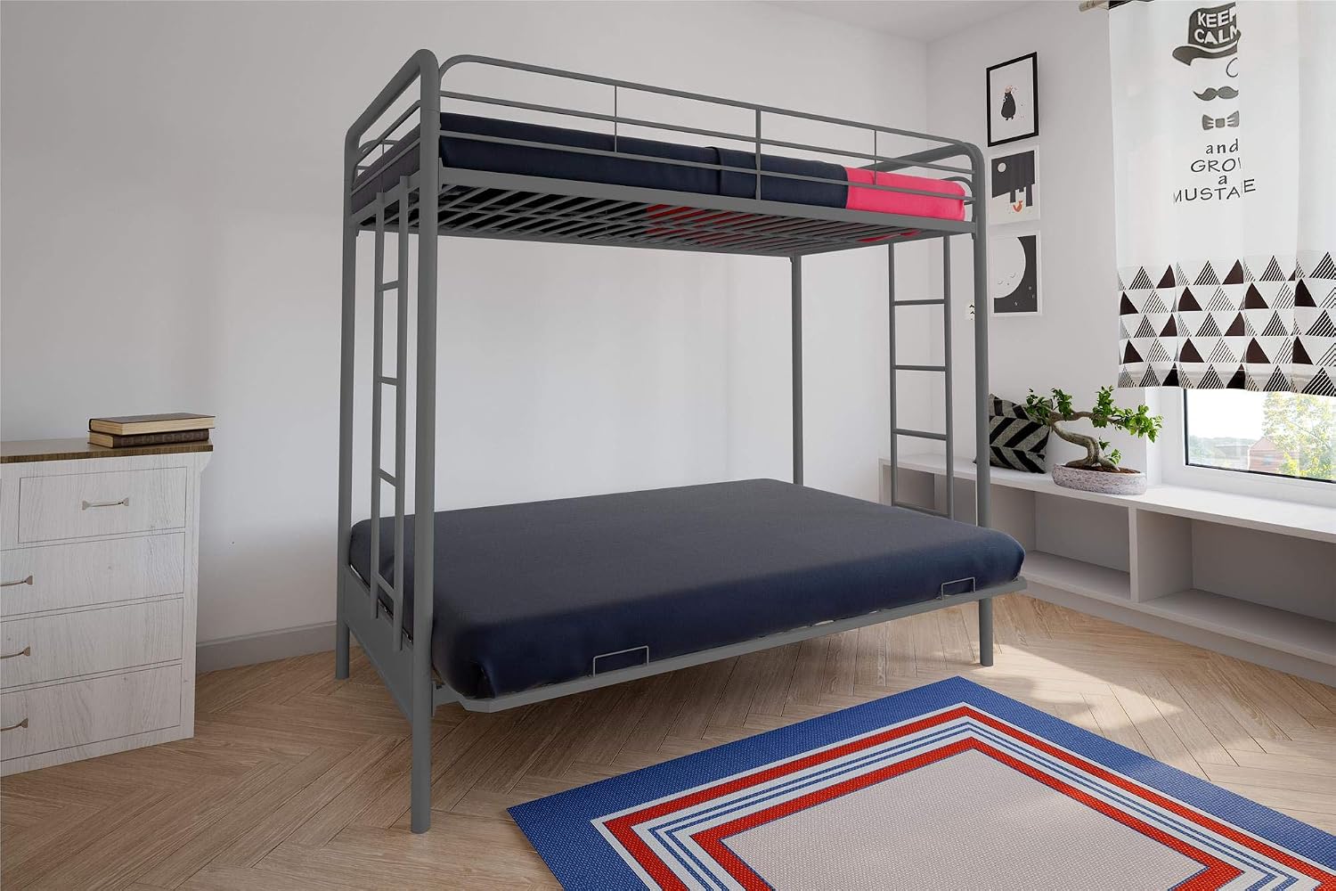 DHP Twin-Over-Futon Convertible Couch and Bed with Metal Frame, Ladder and Guardrails - Black