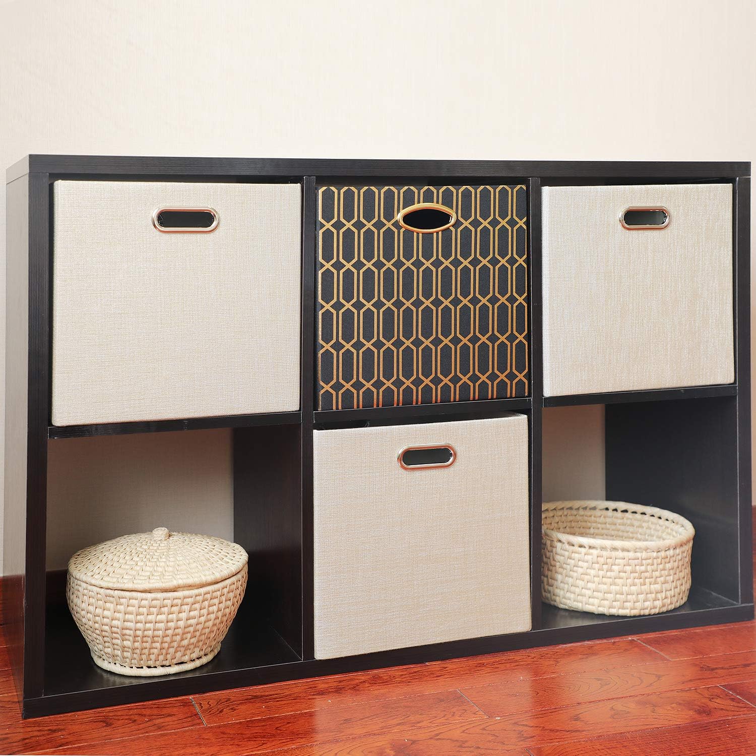 Posprica Storage Bins, Storage Cubes,13×13 Fabric Drawers Organizer Basket Boxes Containers (13×13×13/4pcs, Cream/gold geometry Pattern)