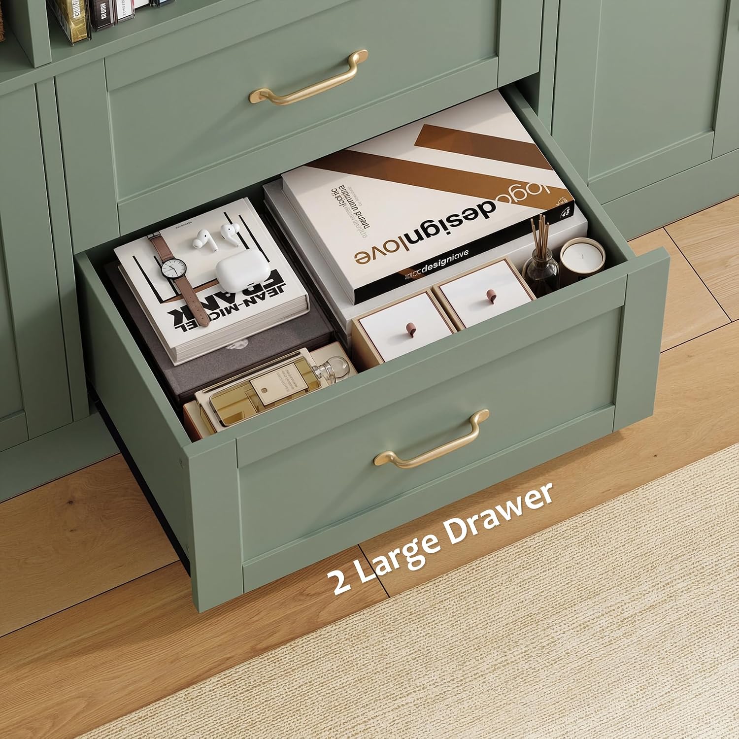 HOSTACK 71" Tall Triple Wide Bookshelf with Storage Drawers & Doors, Green | Large Bookcase with Cabinet, Modern 6-Tier Open Display Shelves, Wood Book Shelf for Living Room, Home Office
