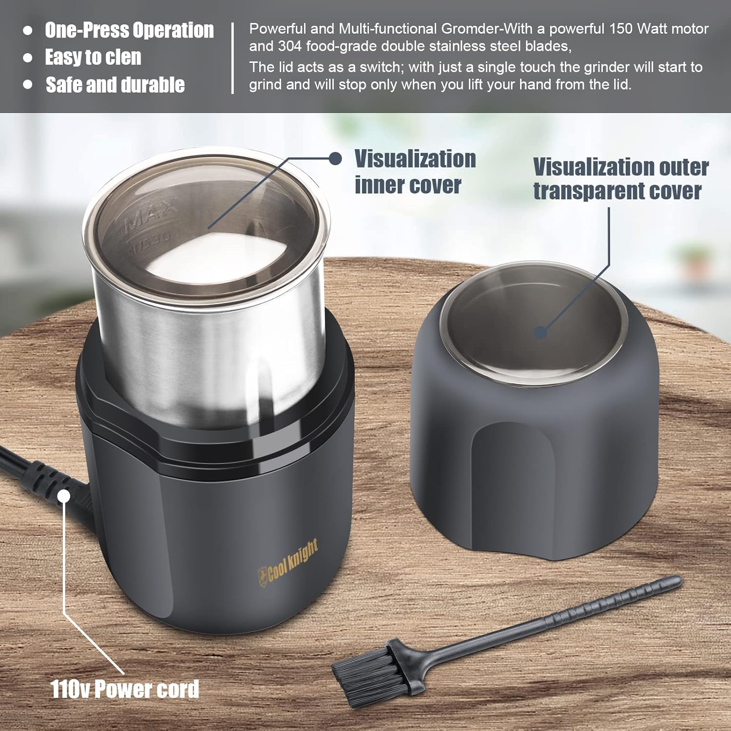 COOL KNIGHT Herb Grinder [large capacity/fast/Electric ]-Spice Herb Coffee Grinder with Pollen Catcher/- 7.5" (Black)