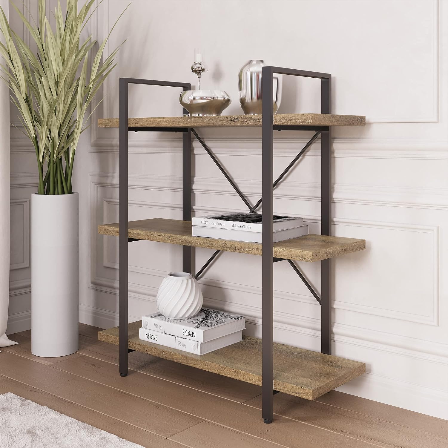 BELLEZE 4 Tier Modern Rustic Industrial Bookshelf, Open Wide Office Etagere Book Shelf