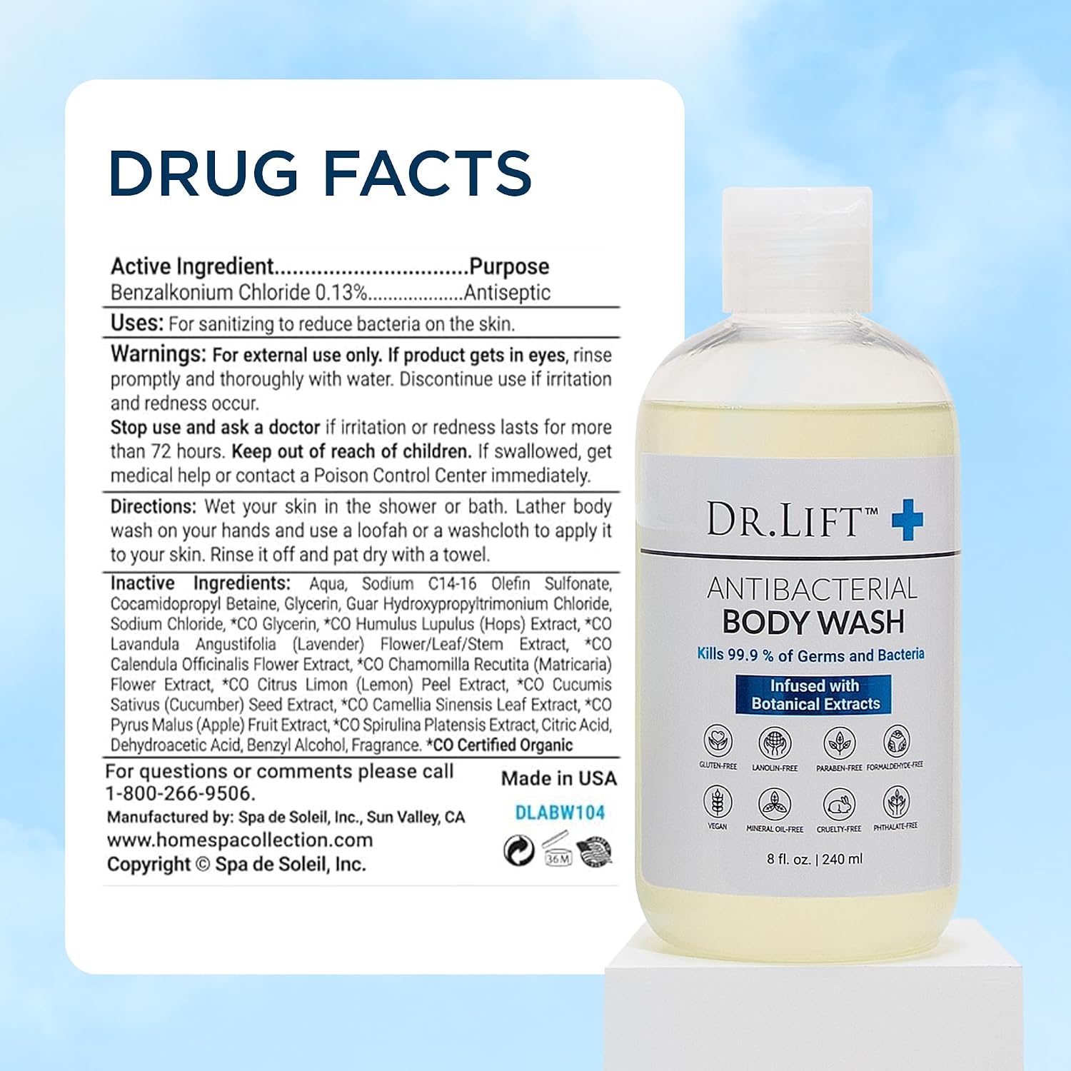 Dr. Lift Antibacterial Body Wash, Lemon, Spirulina, Vegan, 8 Fl Oz