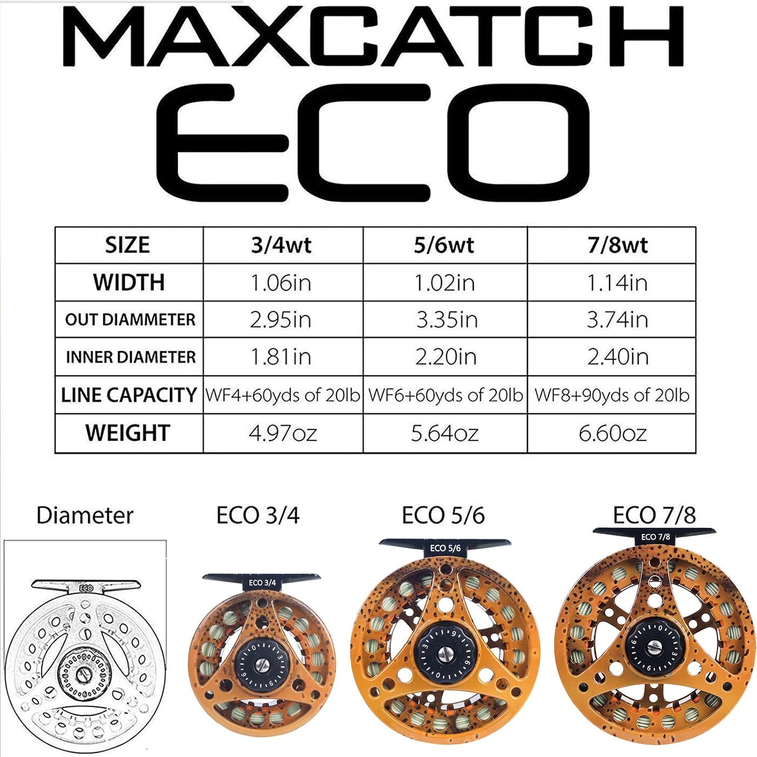M MAXIMUMCATCH Maxcatch ECO Large Arbor Fly Fishing Reel (3/4wt 5/6wt 7/8wt) and Pre-Loaded Fly Reel with Line Combo