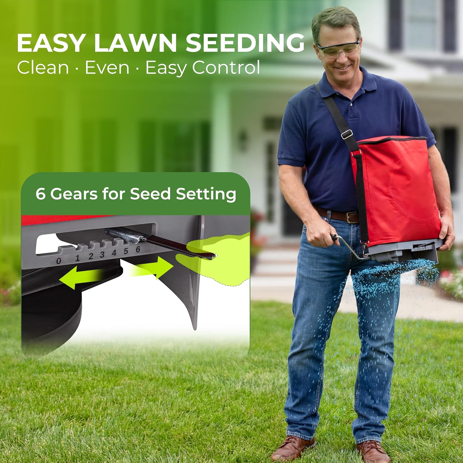 Walensee 25lb Handheld Bag Seed Spreader with Enclosed Metal Gears, Rear Baffle, Adjustable Flow Control, Durable Oxford Bag, Shoulder Strap