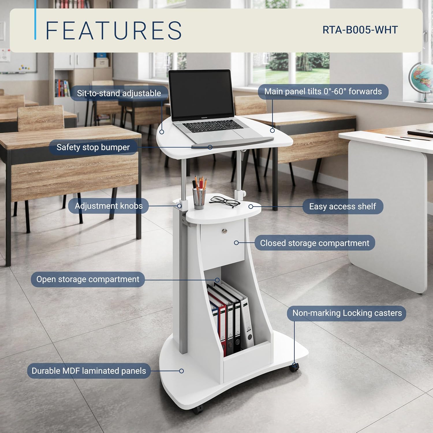 Techni Mobili Adjustable Height Rolling Laptop Cart with Storage, Graphite | Adjustable height rolling laptop cart with storage drawer, open shelf, wheels, sit‑stand design for office or medical use