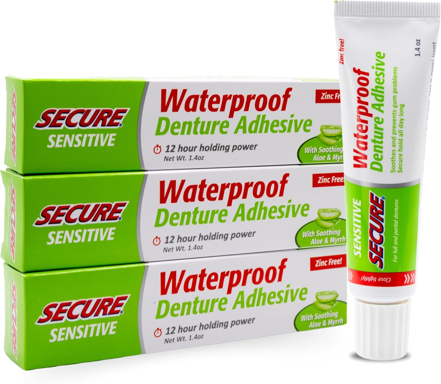Secure Denture Adhesive Cream, Zinc Free Denture Glue, 1.4 oz | Waterproof Seal - Food Grade Ingredients - Less Adhesive, More Hold - Tube Lasts Up to 8 Weeks