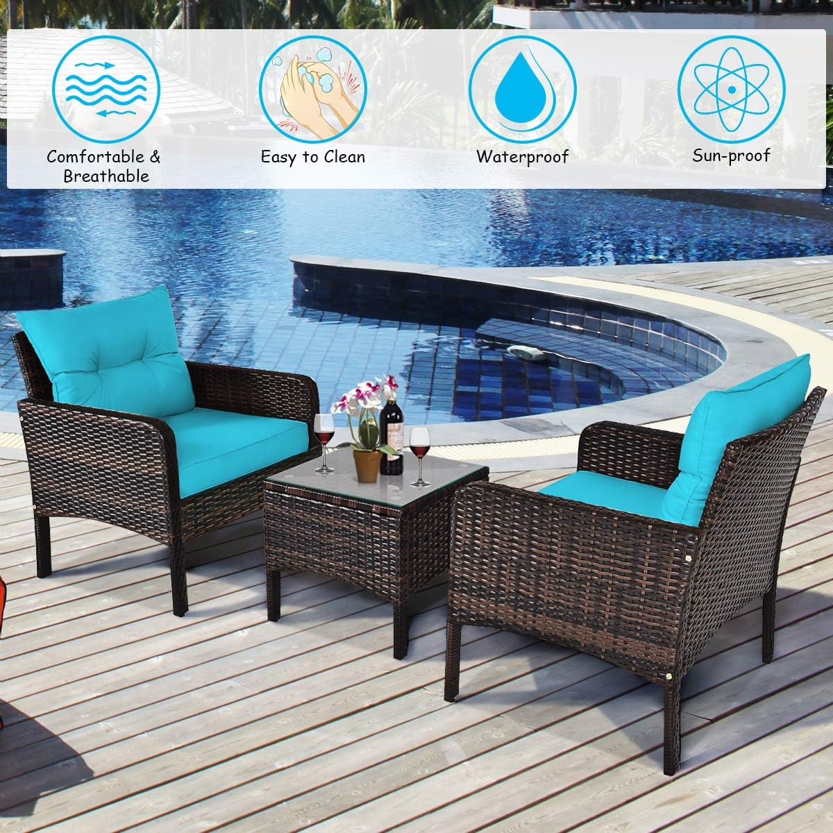 Tangkula 3 Piece Outdoor Patio Furniture Set, Wicker Chairs Set with Glass Top Coffee Table, Thick Cushions