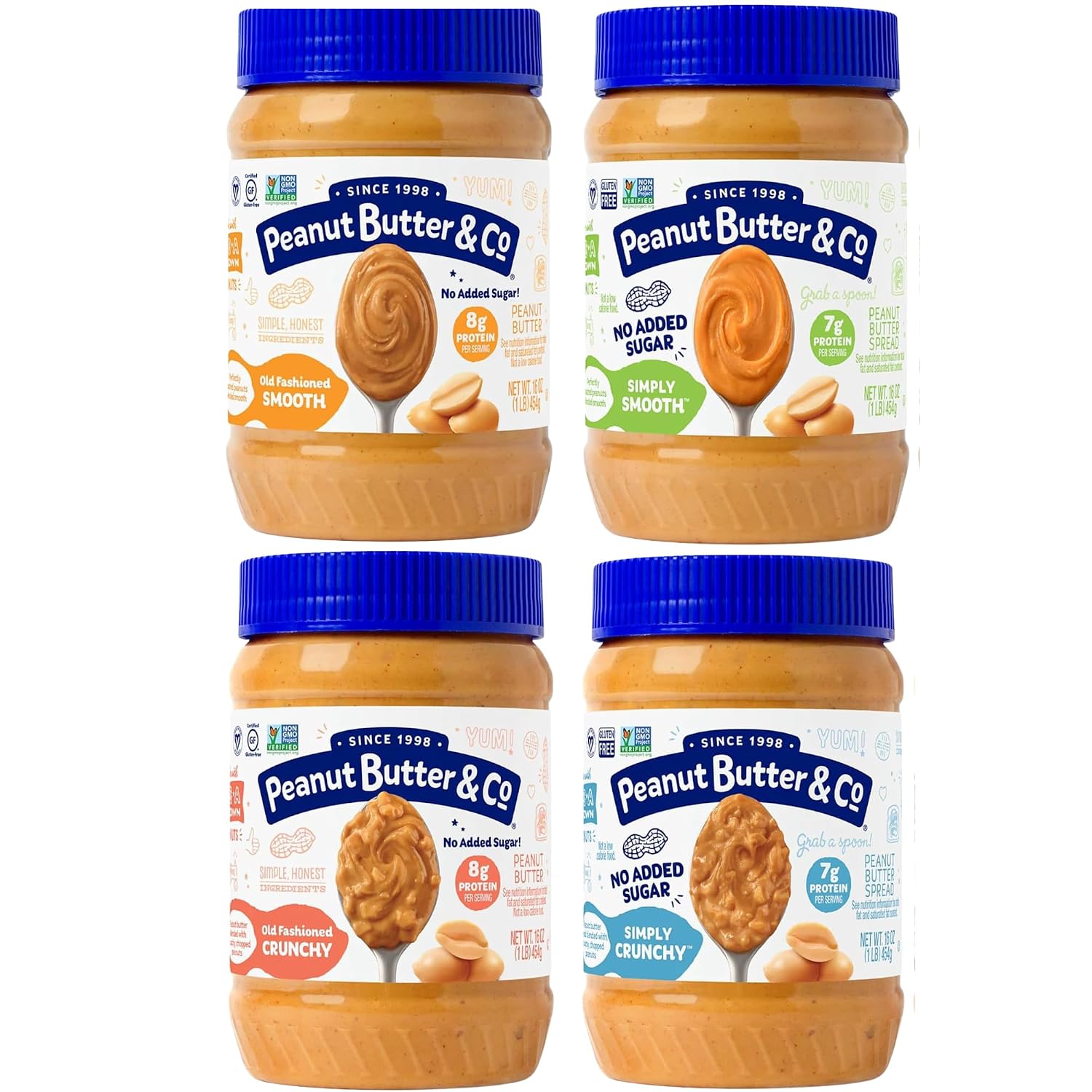 Peanut Butter & Co. Peanut Butter Variety Pack, 4 Flavors, 16 oz (4 Pack) | Non-GMO Project Verified, Gluten Free, Vegan, 6-7g Protein, 4 Flavors, No HFCS, USA-Frown, Pantry-Friendly Pack