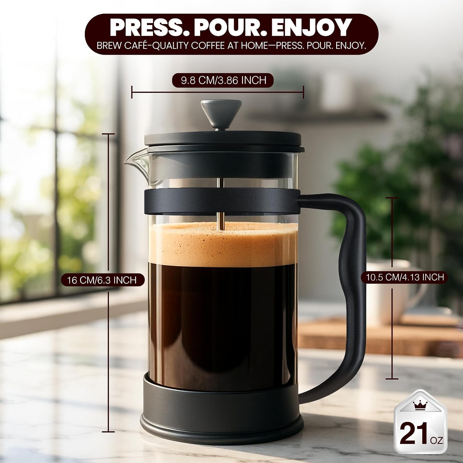 Utopia Kitchen Borosilicate Glass French Press Coffee Maker 34 Oz, Black | Heat-Resistant Cafetiere & Tea Maker, Thickened Glass Coffee Press for Travel and Camping