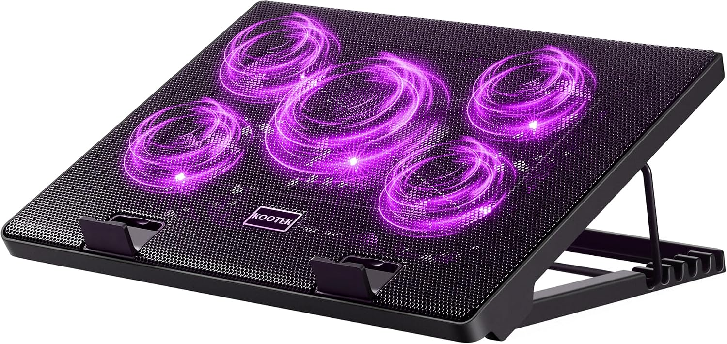 Kootek Laptop Cooling Pad Cooler Stand with 5 Quiet Fans for 12"-17" Laptop | 5 Fans, USB Powered, Laptop Cooling Stand with 2 USB Hub, 6 Adjustable Height, 360° Cooling Coverage, Anti-Slip, Blue LED