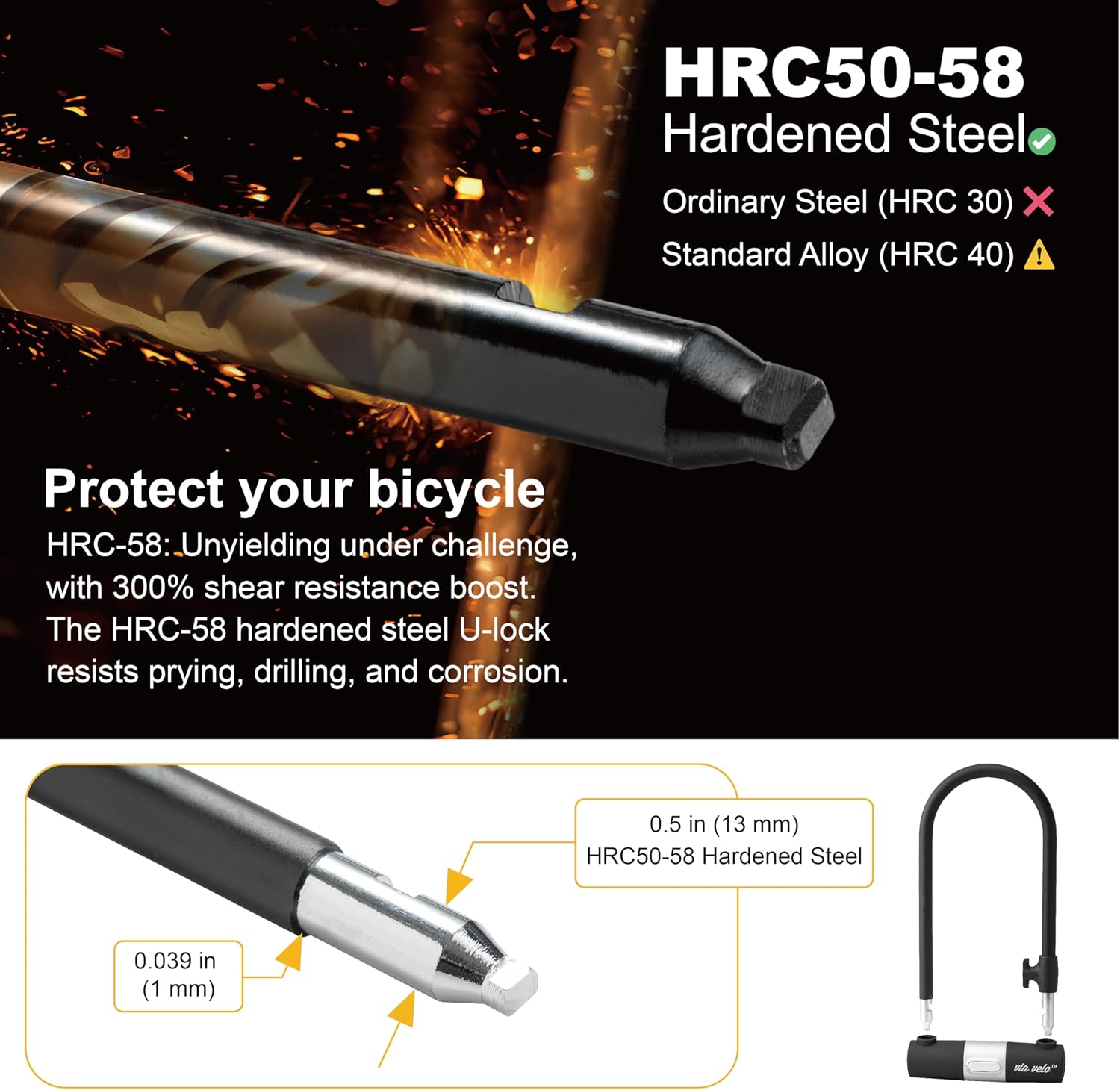 Bike U Lock with Cable - Via Velo Heavy Duty Bicycle U-Lock,14mm Shackle and 10mm x1.8m Cable with Mounting Bracket for Road, Mountain, Electric & Folding Bike