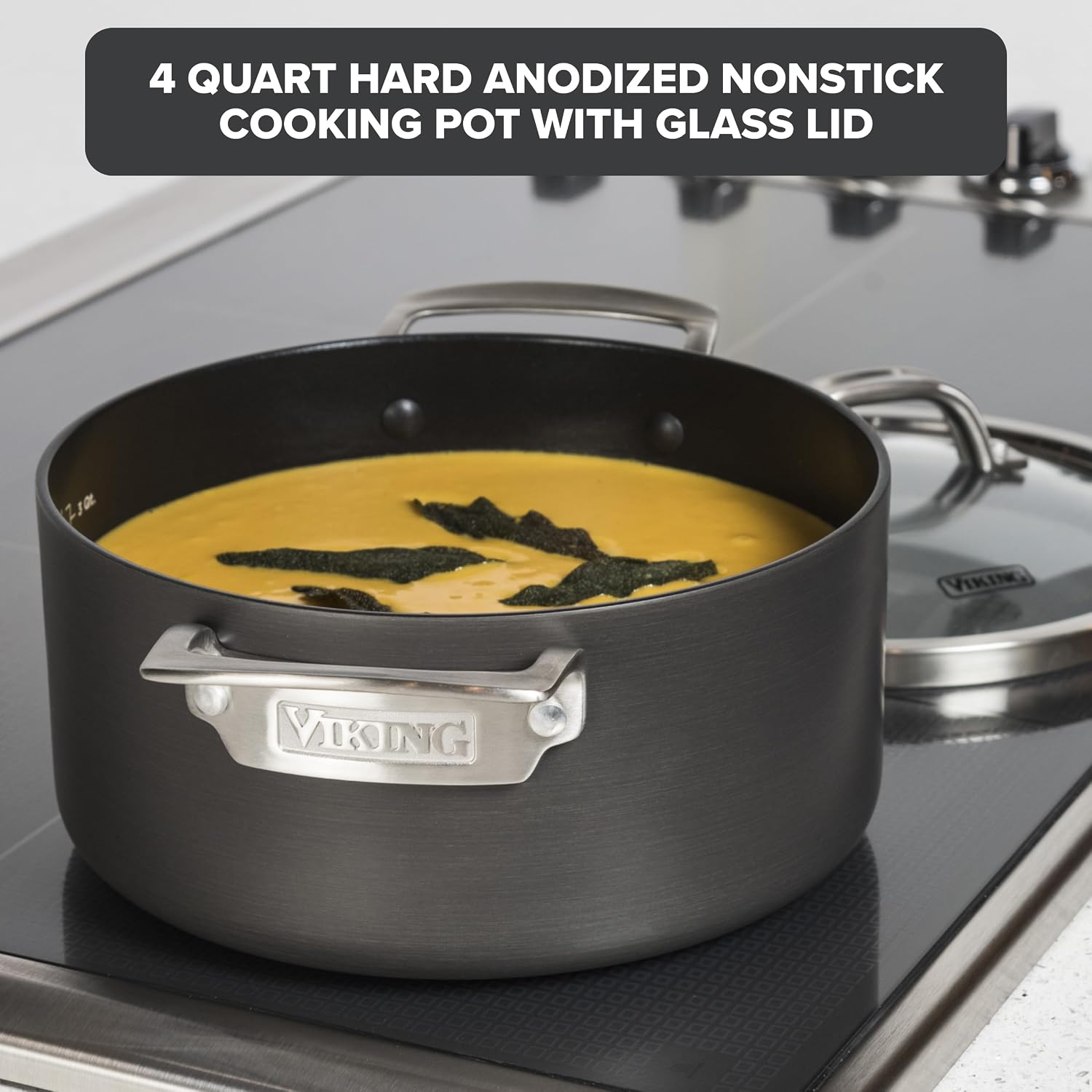 Viking Non Stick Stock Pot, 4 Quart Hard Anodized Nonstick Soup Cooking Pot wth Glass Lid