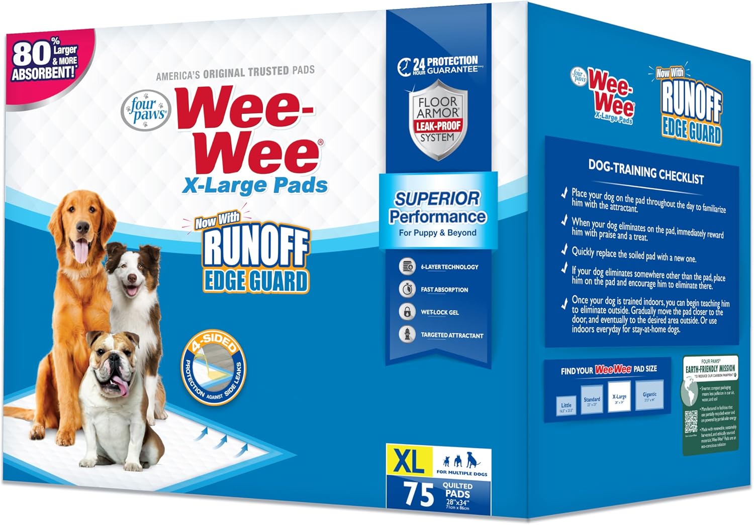 Four Paws Wee-Wee Superior Performance X-Large Dog Pee Pads, 40 Count | Puppy & dog potty training pads, housebreaking supplies, xl puppy pads, pet supplies, 24-hour floor protection, 28" x 34"