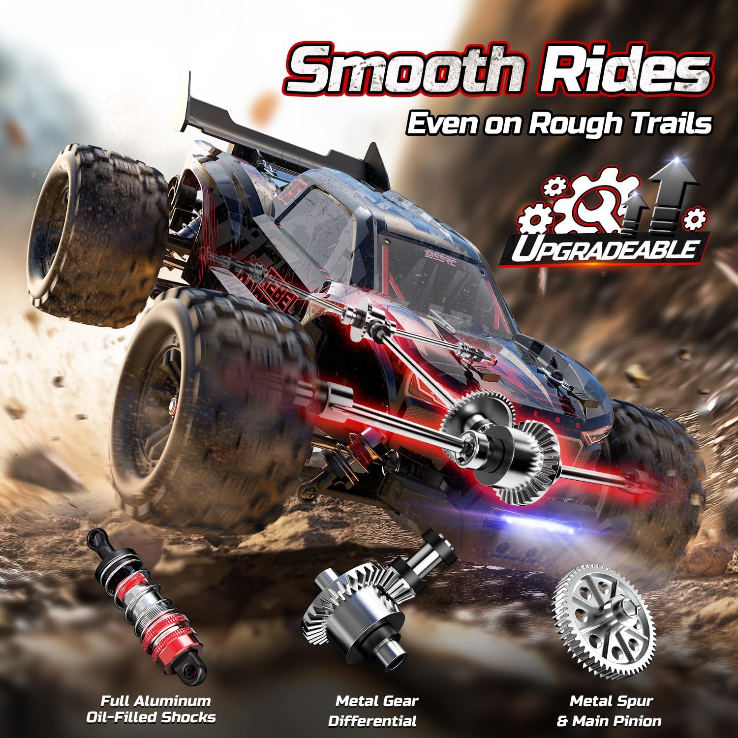 DEERC Fast Brushless RC Car for Adults, 1/14 4WD Off-Road Remote Control Car Truck, 46+ MPH Waterproof All Terrain RC Truggy with 2X 3S LiPo Batteries