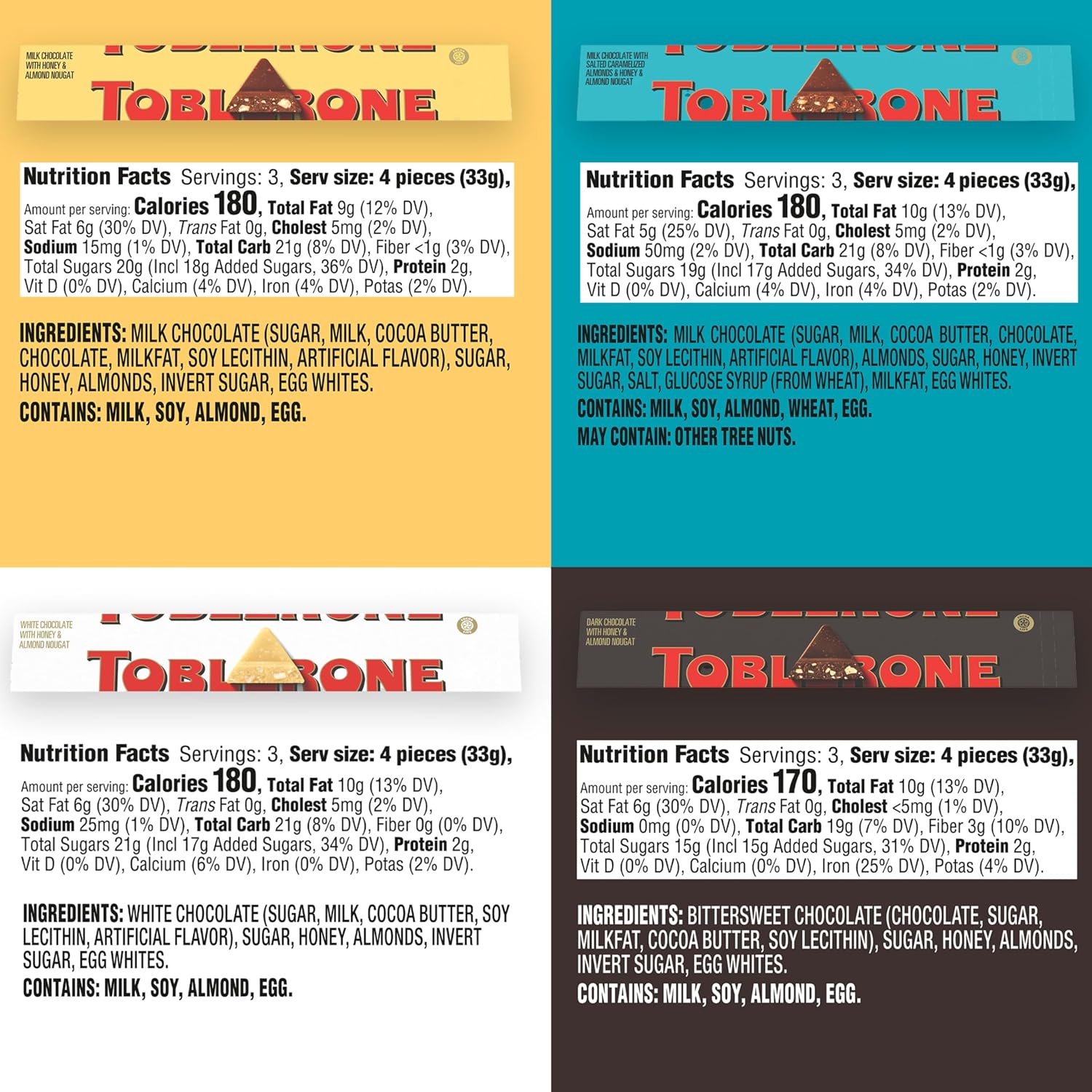 TOBLERONE Dark Chocolate Bar with Honey and Almond Nougat, 20 Bars | Bulk Chocolate