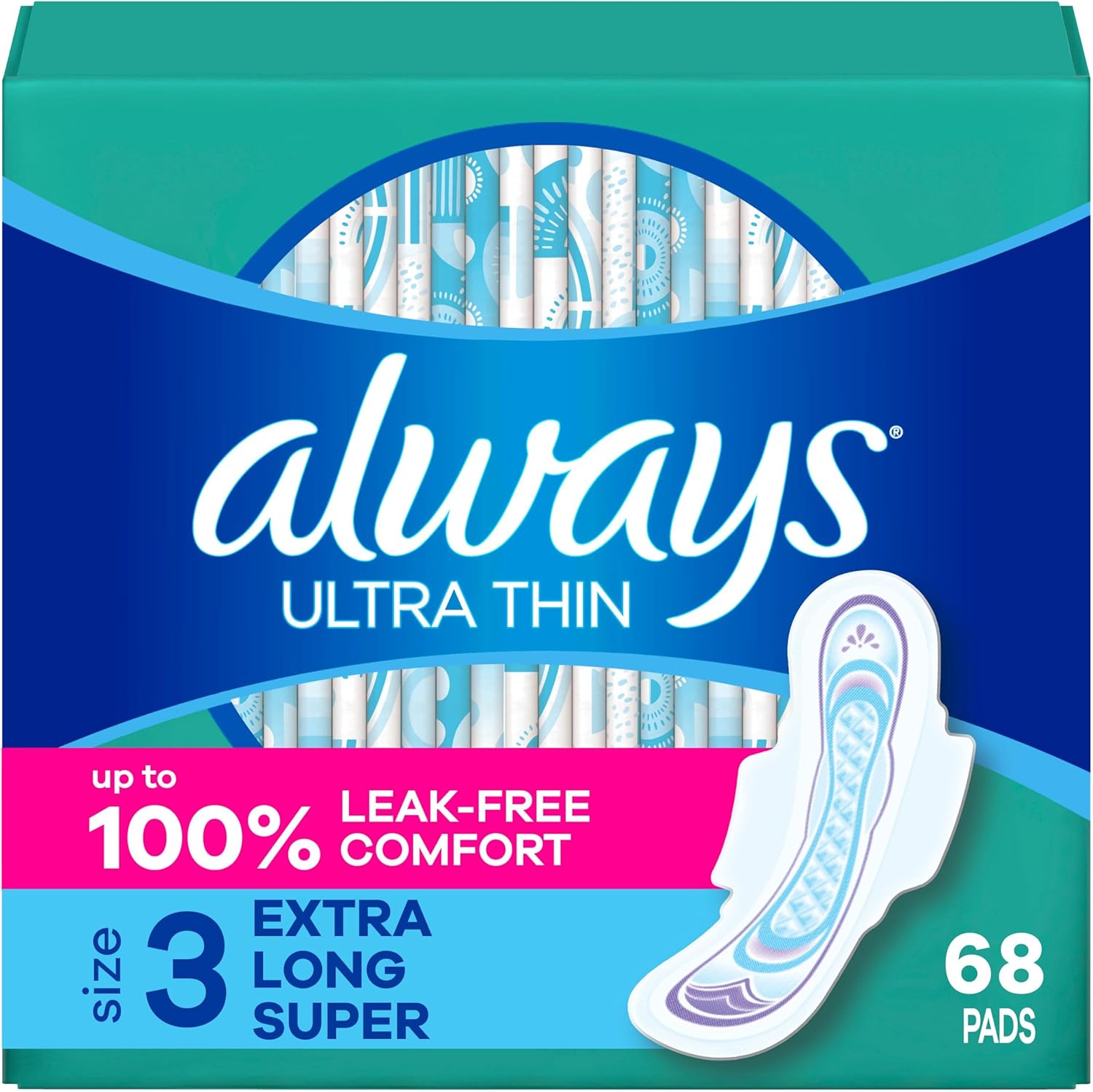 Always Ultra Thin Feminine Pads with Wings for Women, Size 3, Extra Long Super Absorbency, Unscented, Up to 100% Leak-Free Protection, 84 Count Total