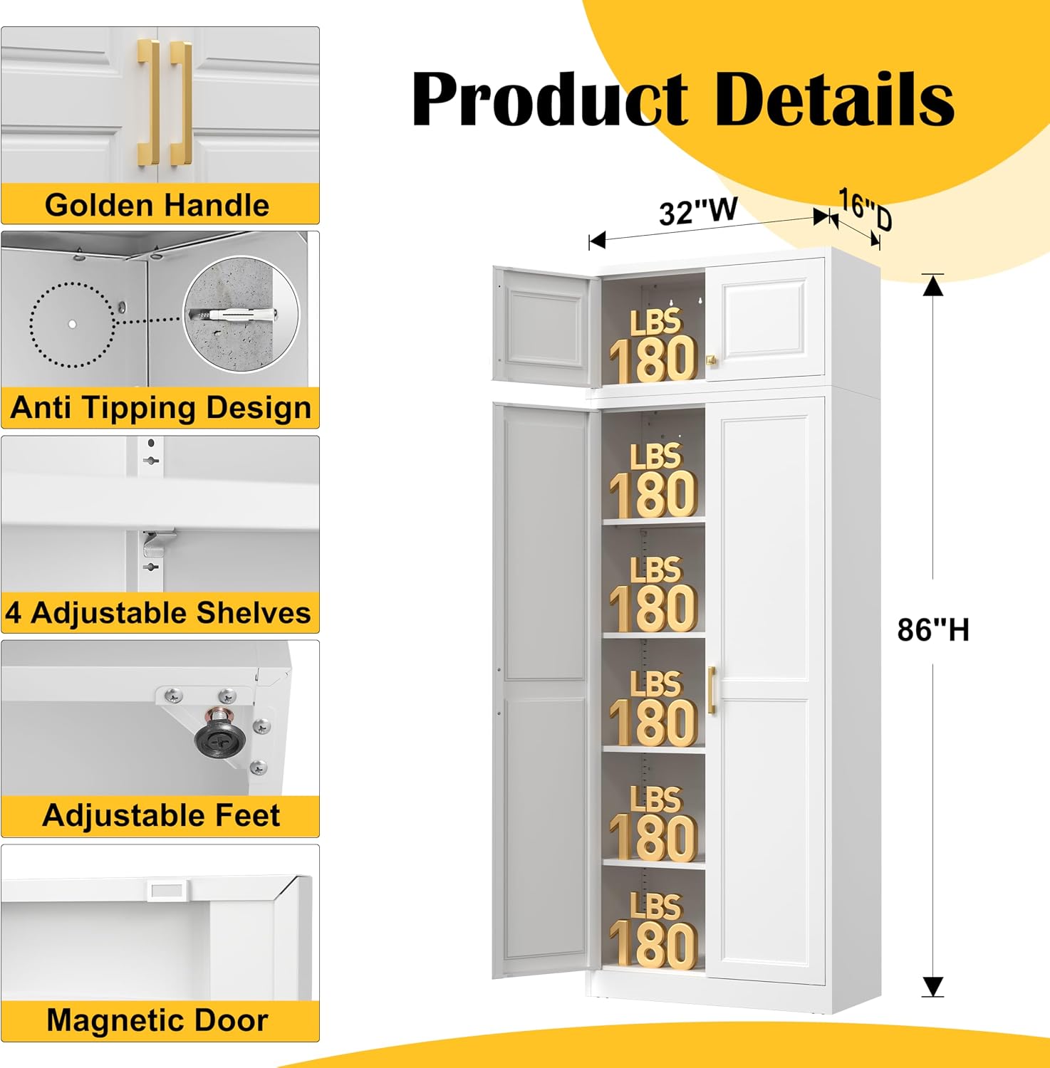 Steeloong 71"Metal Pantry Storage Cabinet with Doors & 4 Adjustable Shelves | Kitchen Pantry Cabinet,White Kitchen Cabinet with 2 Gold Handles,Tall Cabinet for Livingroom,Pantry, Bathroom,Kitchen