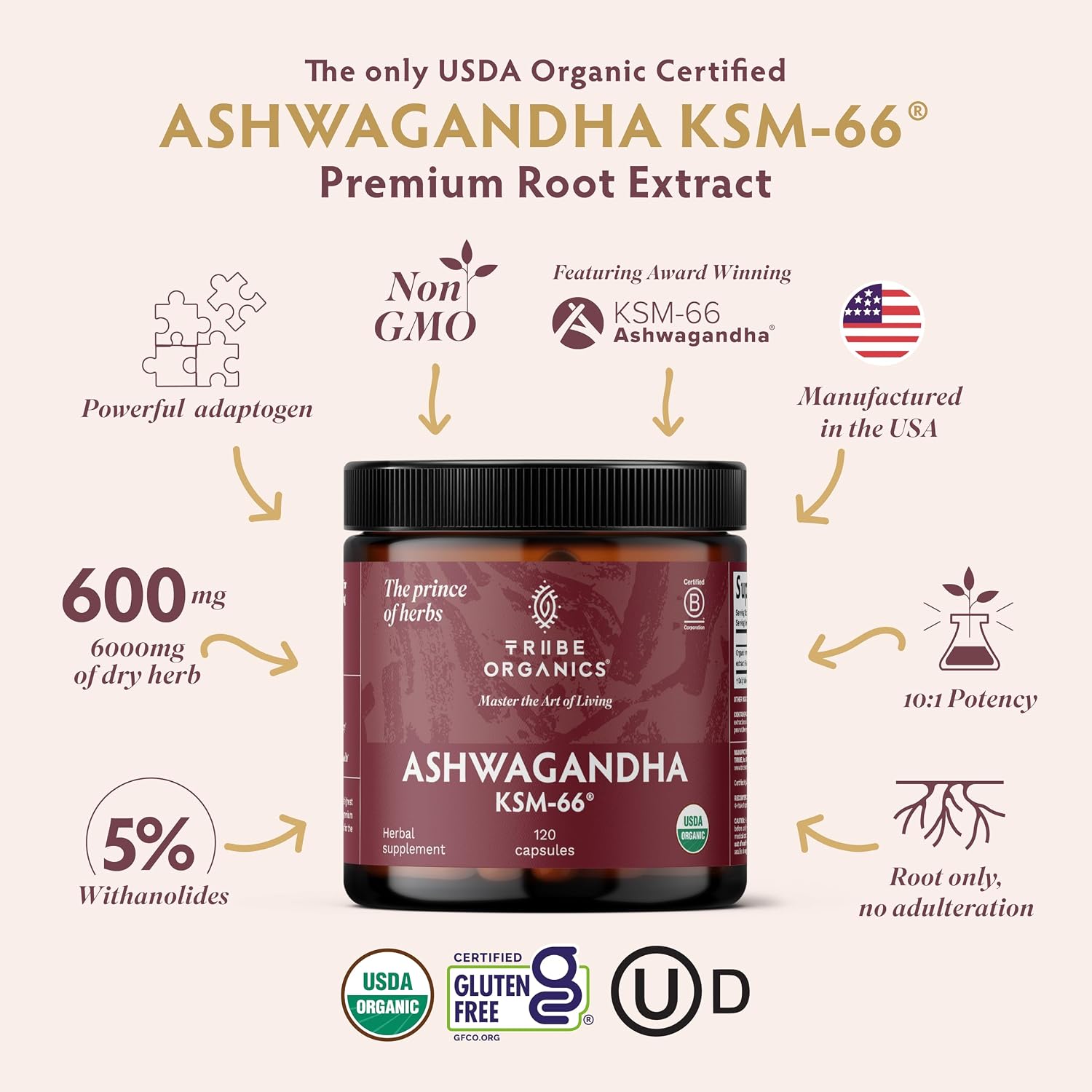 TRIBE ORGANICS Ashwagandha KSM 66 Pure Organic Root Powder Extract Ayurvedic Supplement - Focus, Mood Support, Increase Energy, Strength