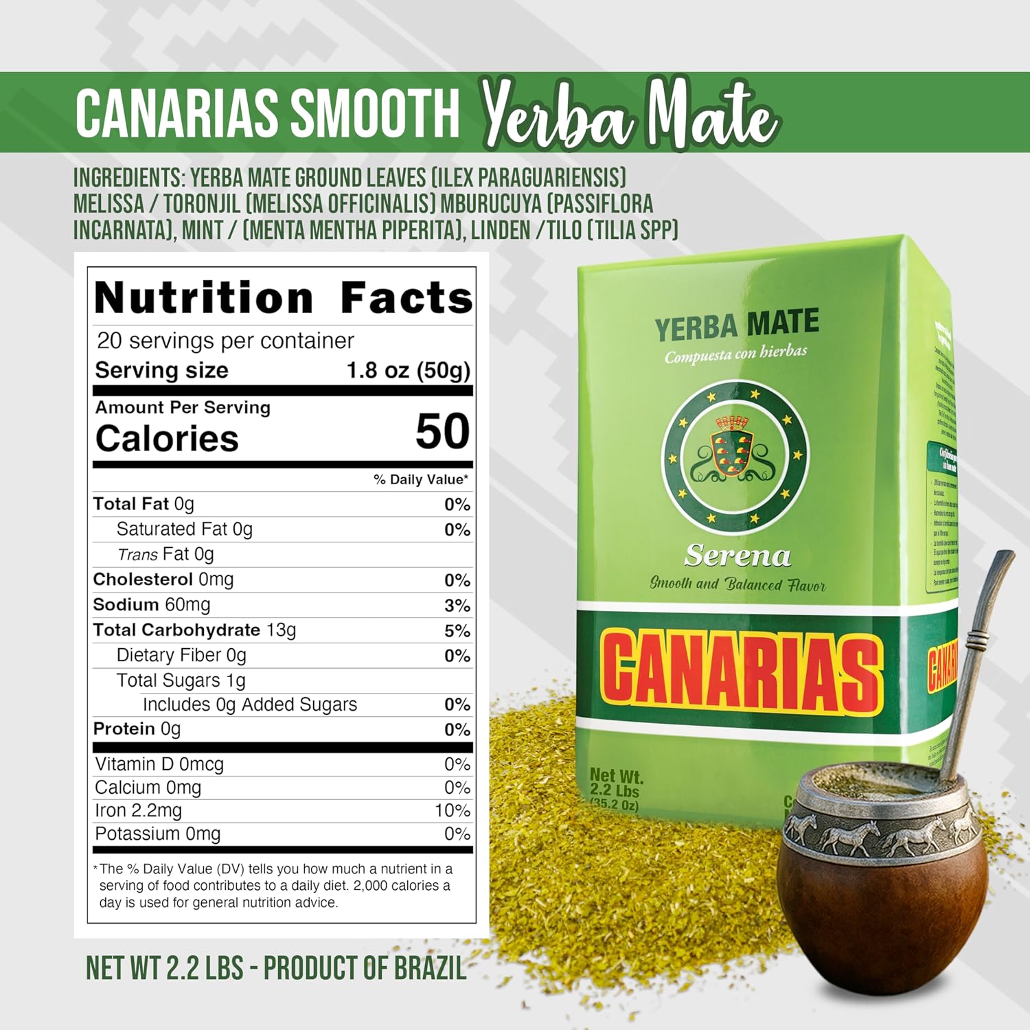 Canarias Serena Yerba Mate Herbal Ground Leaf Tea 1kg 2.2Lbs | Uruguayan yerba mate blends with melissa