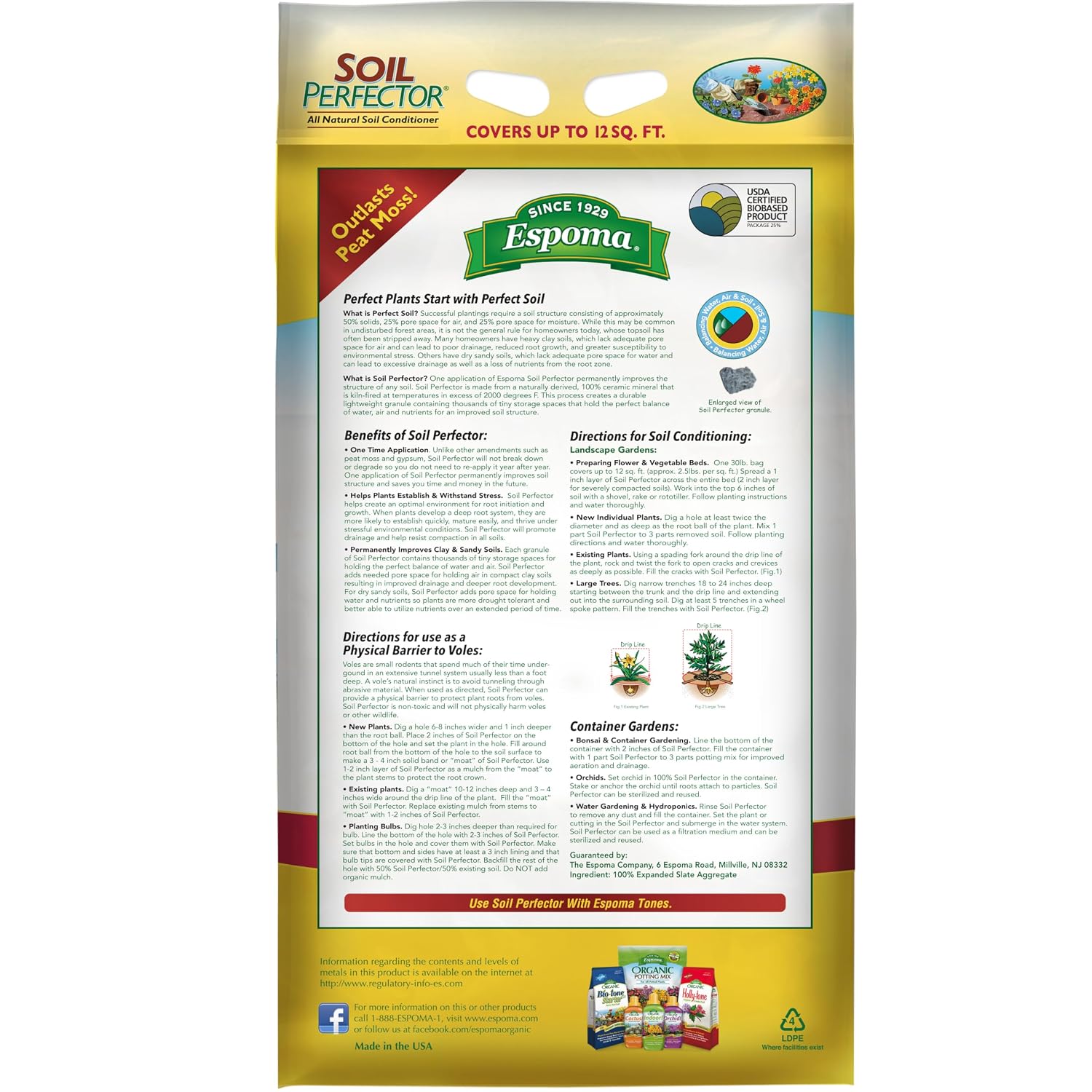 Espoma Soil Perfector Permanently Improves All Soils. A Simple One Time Application Prevents Compaction and Promotes Plant Root Growth. 30 lb. Bag.