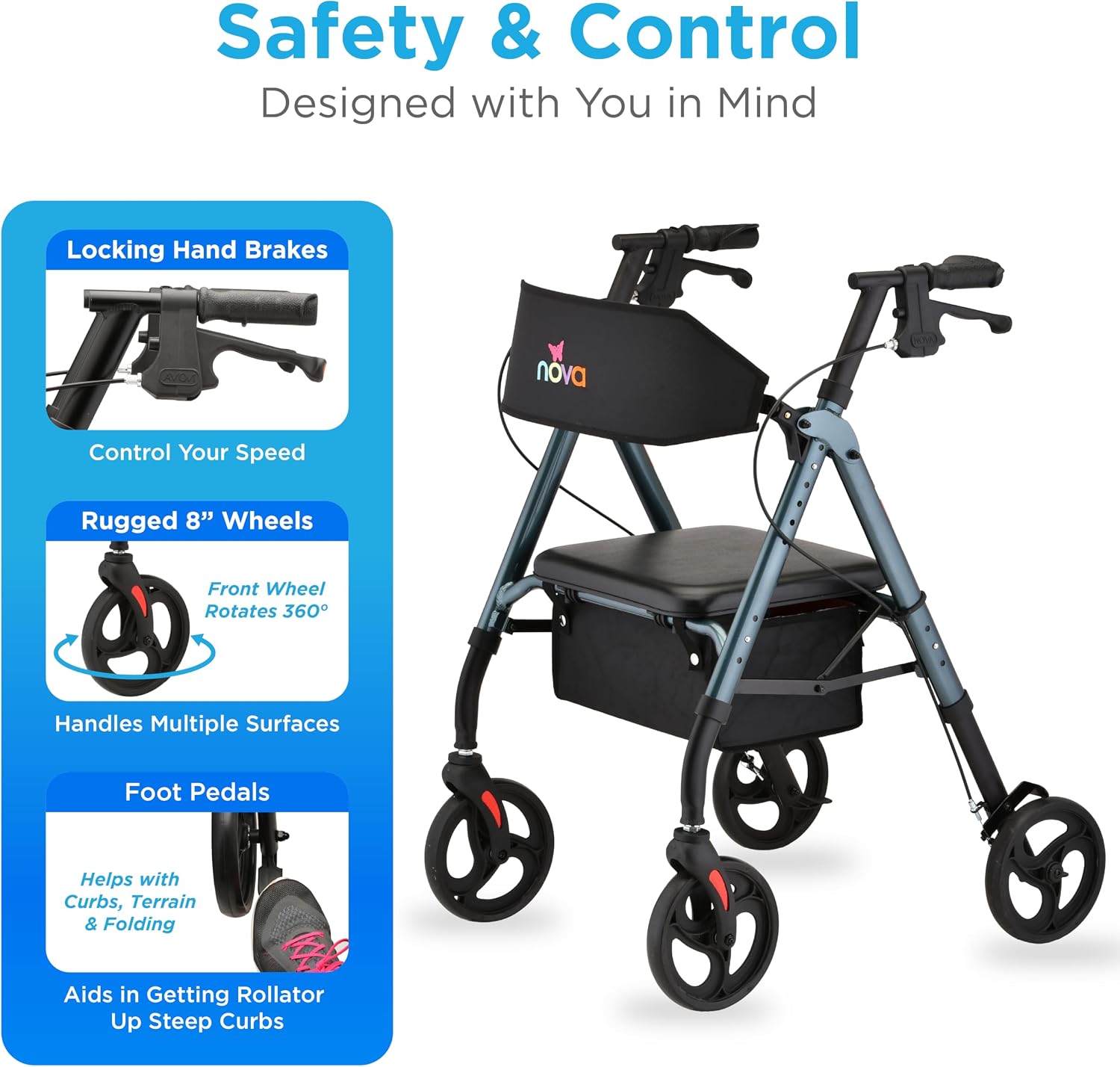 NOVA Star 8 Foldable Rollator Walker for Seniors (5'3"–6'2"), Wide Padded Backrest with Seat, 8” All-Terrain Wheels, Easy-Grip Locking Hand Brakes, Height Adjustable, Sky Blue