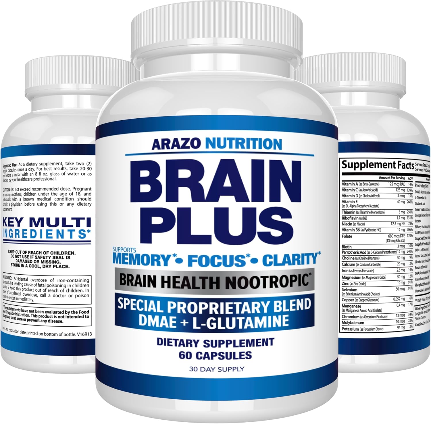 Arazo Nutrition Premium Brain Function Supplement – Memory, Focus, Clarity – Nootropic Booster with DMAE, Bacopa Monnieri, L-Glutamine
