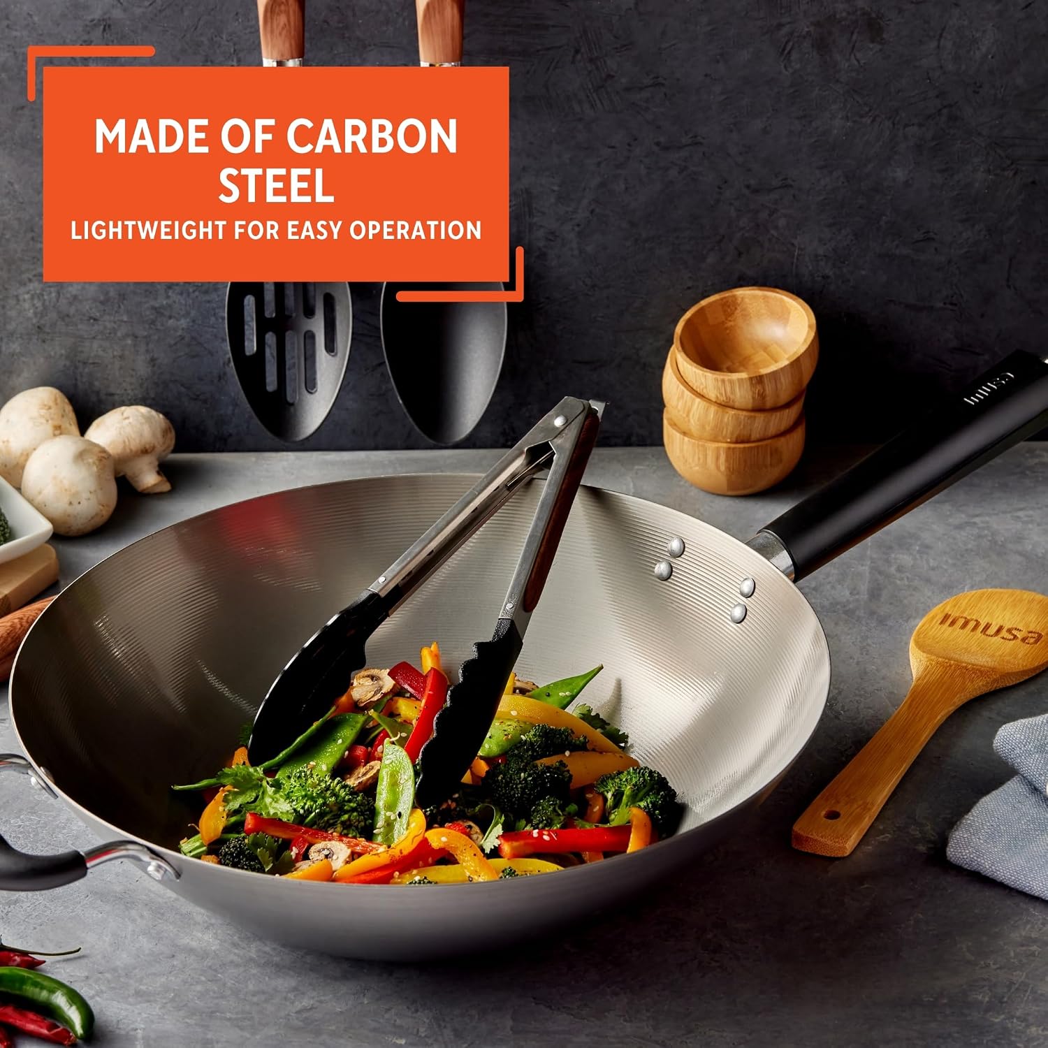 IMUSA 9.5 Inch Carbon Steel Nonstick Wok with Cool-touch Handle, Black | Cool-Touch Handle, Ideal for Stir Fry, Great for Everyday Meals