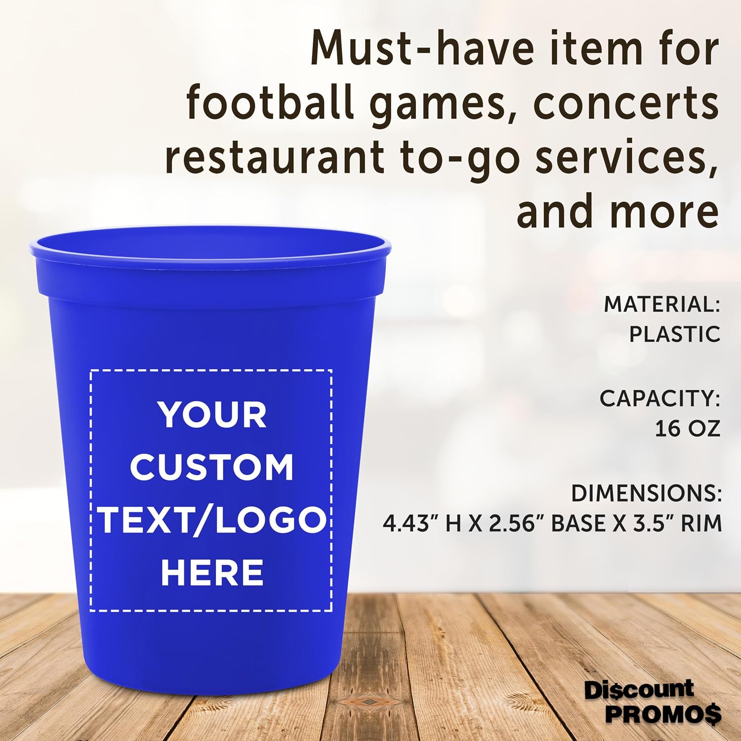 DISCOUNT PROMOS Custom Plastic Stadium Cups 16 oz. Set of 10/50/100, Personalized Bulk Pack - Perfect for Birthdays, Weddings, Picnic, Beach