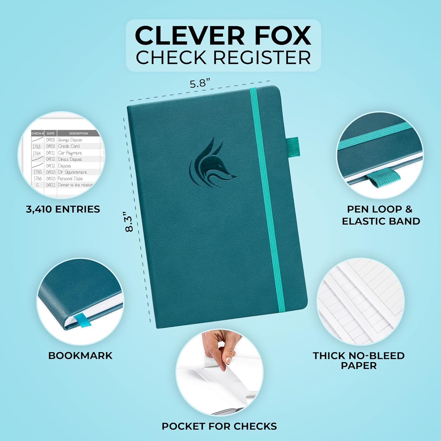 Clever Fox Check Register Book, Checkbook Ledger, 5.8x8.3 Purple