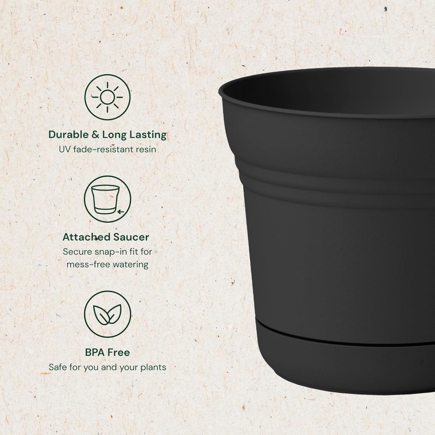 Bloem Saturn Round Planter with Saucer Tray: 14" - Black - Durable Plastic Pot, Matte Finish, Removable Saucer, for Indoor & Outdoor Use, Gardening, 5 Gallon Capacity