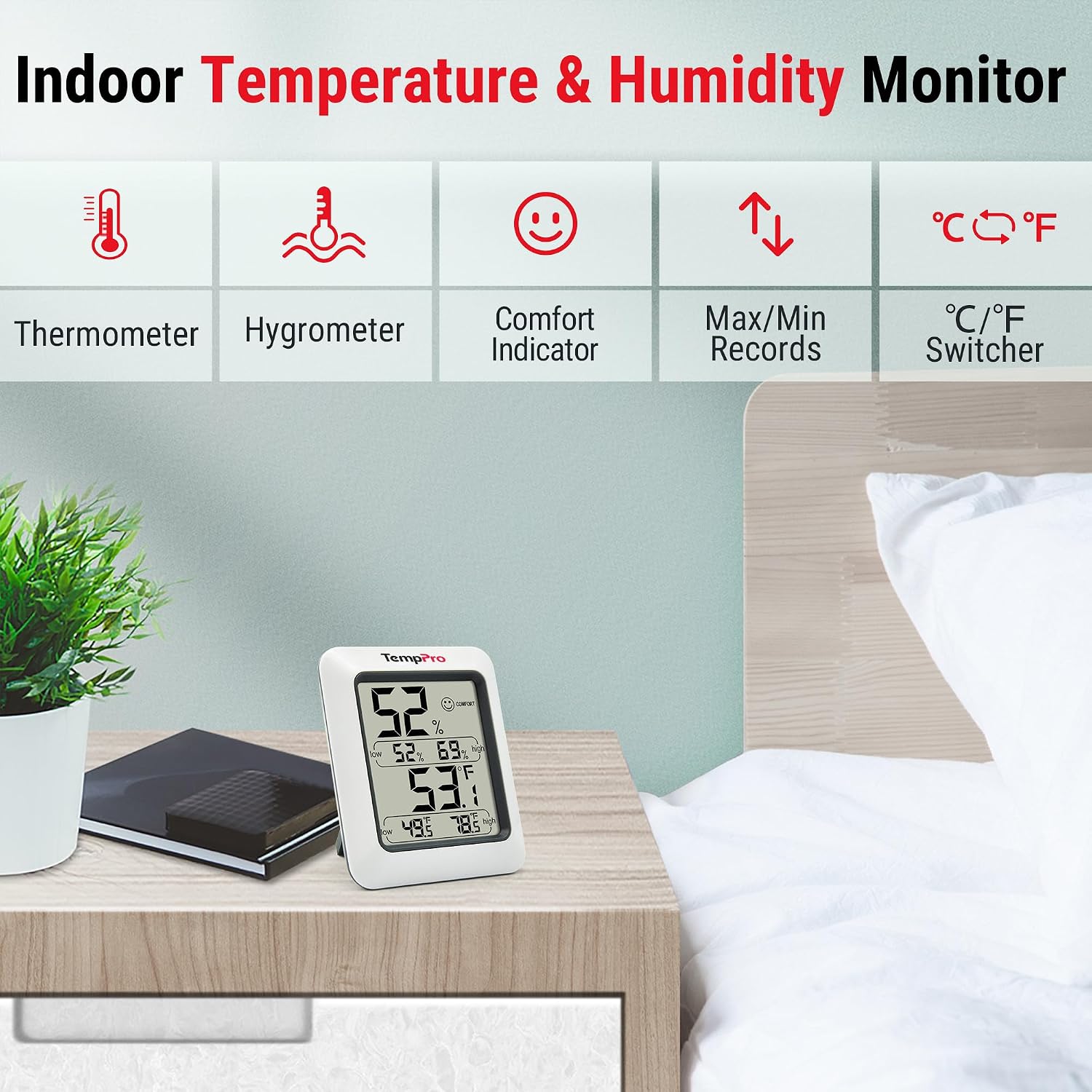 TempPro TP50 Digital Hygrometer Indoor Thermometer Room Thermometer | Humidity Meter Humidity Gauge with Temperature Humidity Monitor for House Office Celler Greenhouse RV (Previously ThermoPro)