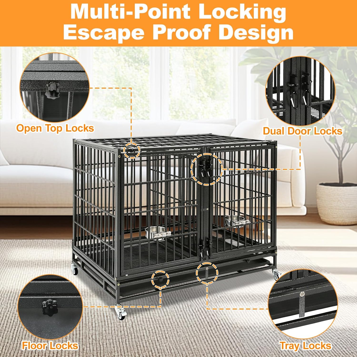 Homey Pet Taller 43" Heavy Duty Double Dog Crates with Divider & Dual Door | Drop Cage for Dogs with Lockable Wheels, Bowls, Removable Tray, Top Access, Ideal for Small to Medium & Large Dogs, Breeders