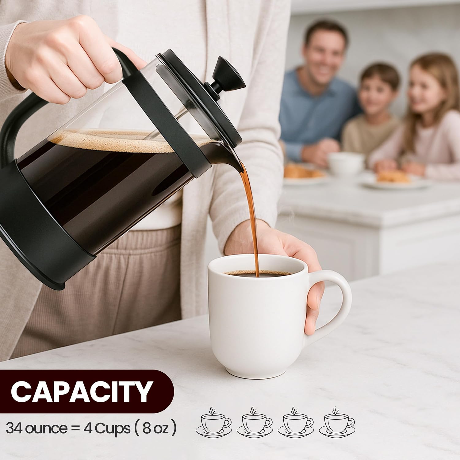 Utopia Kitchen Borosilicate Glass French Press Coffee Maker 34 Oz, Black | Heat-Resistant Cafetiere & Tea Maker, Thickened Glass Coffee Press for Travel and Camping